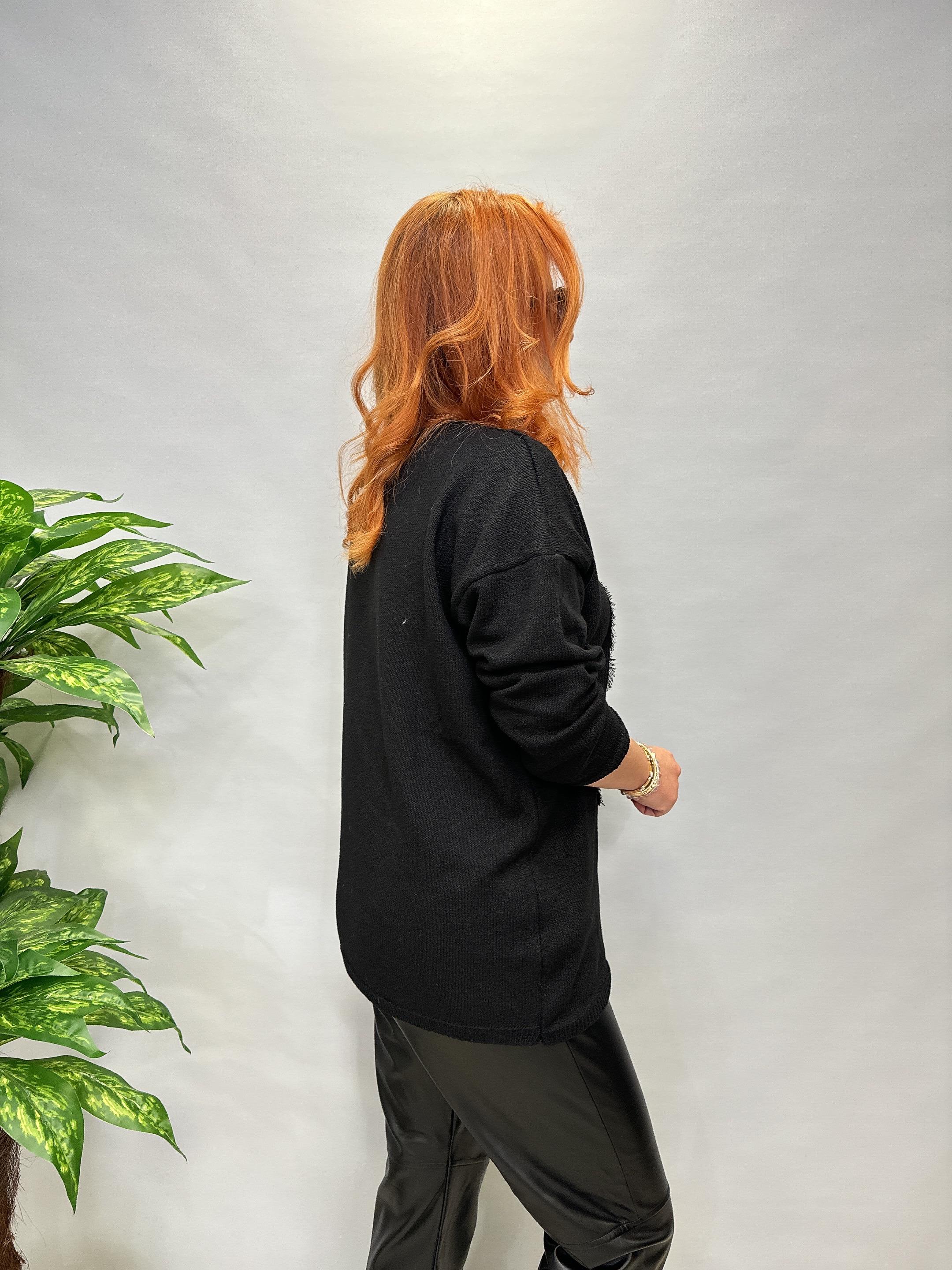 0016 V YAKA LEOPAR DETAY TRİKO SİYAH