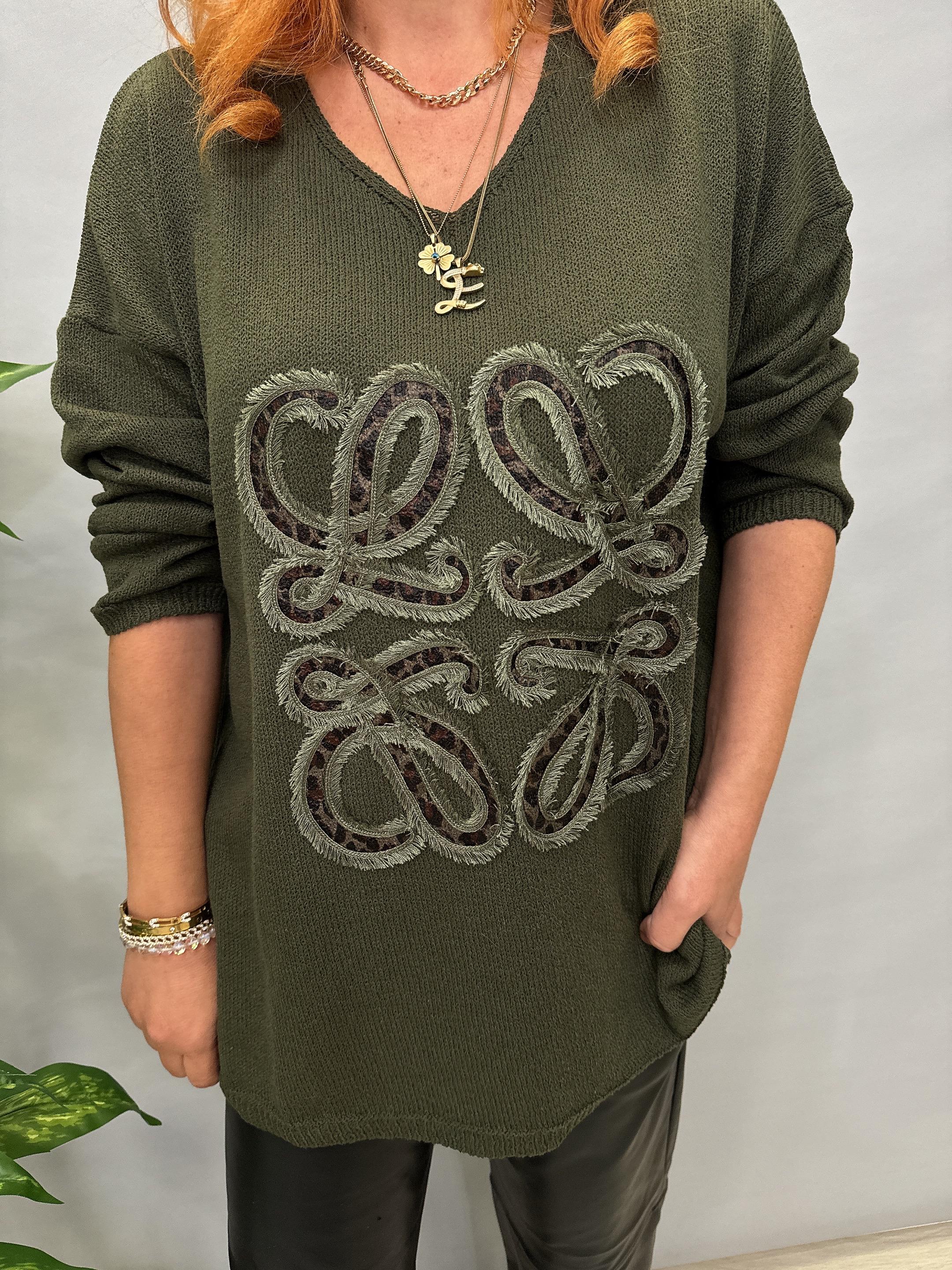 0016 V YAKA LEOPAR DETAY TRİKO YEŞİL