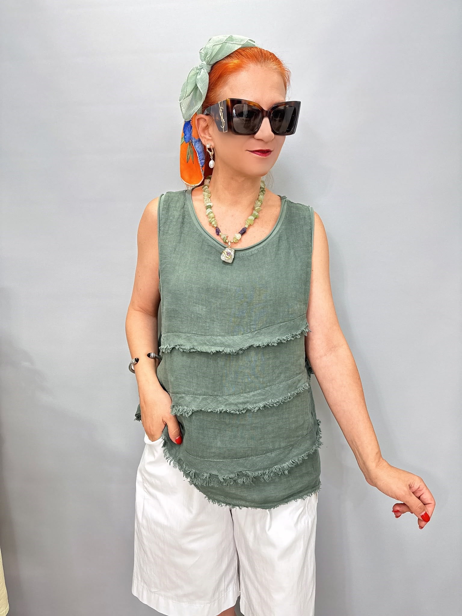 0607 Italyan Keten Bluz  Haki