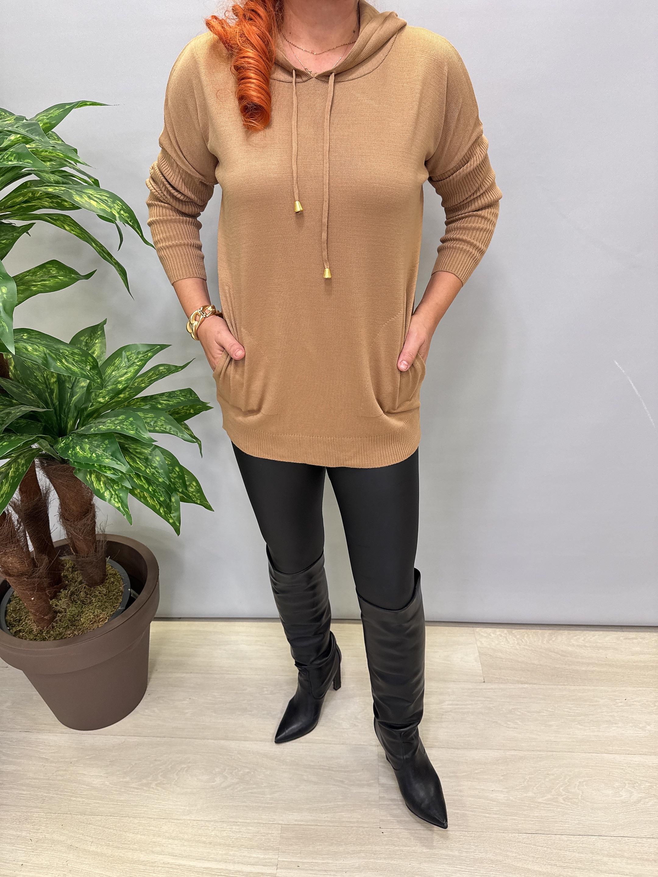 0711 Kapşonlu Triko Camel