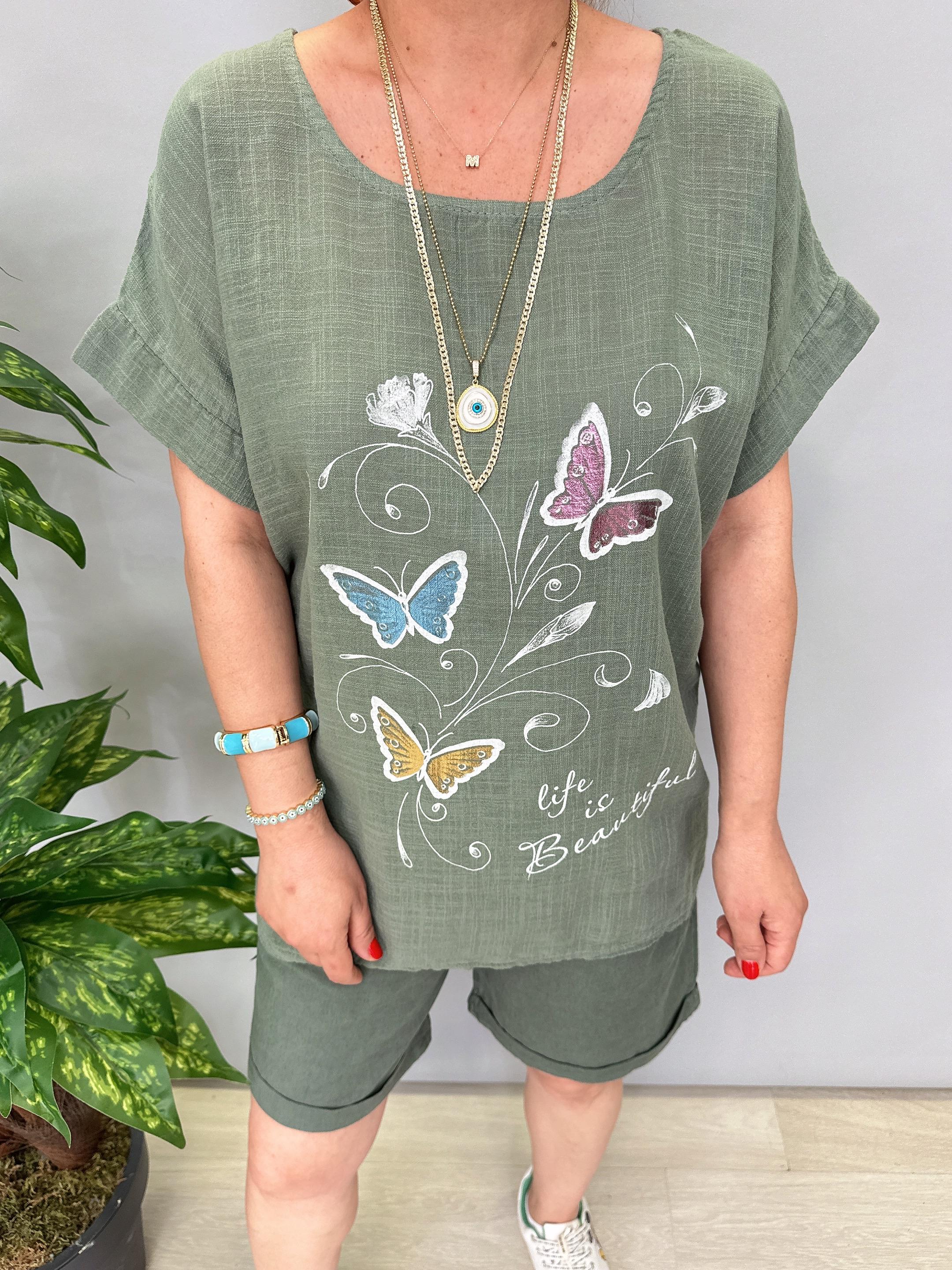 2030 Italyan Desenli Bluz Haki