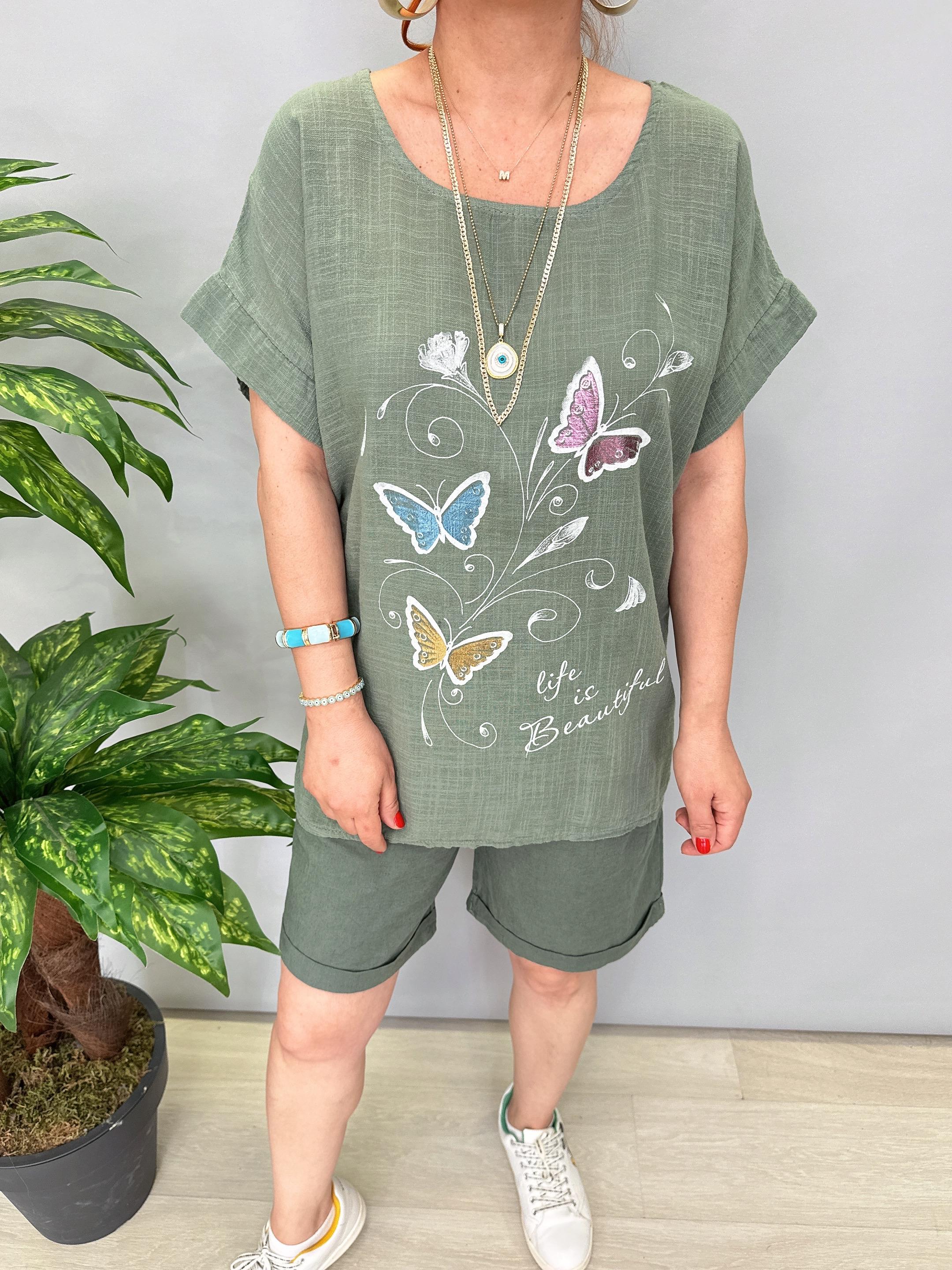 2030 Italyan Desenli Bluz Haki