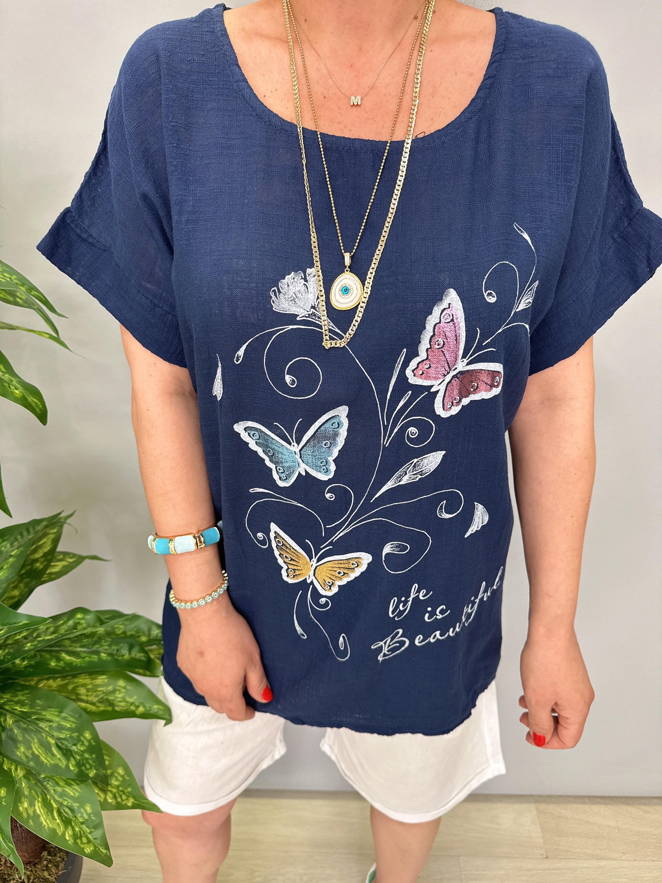 2030 Italyan Desenli Bluz Lacivert