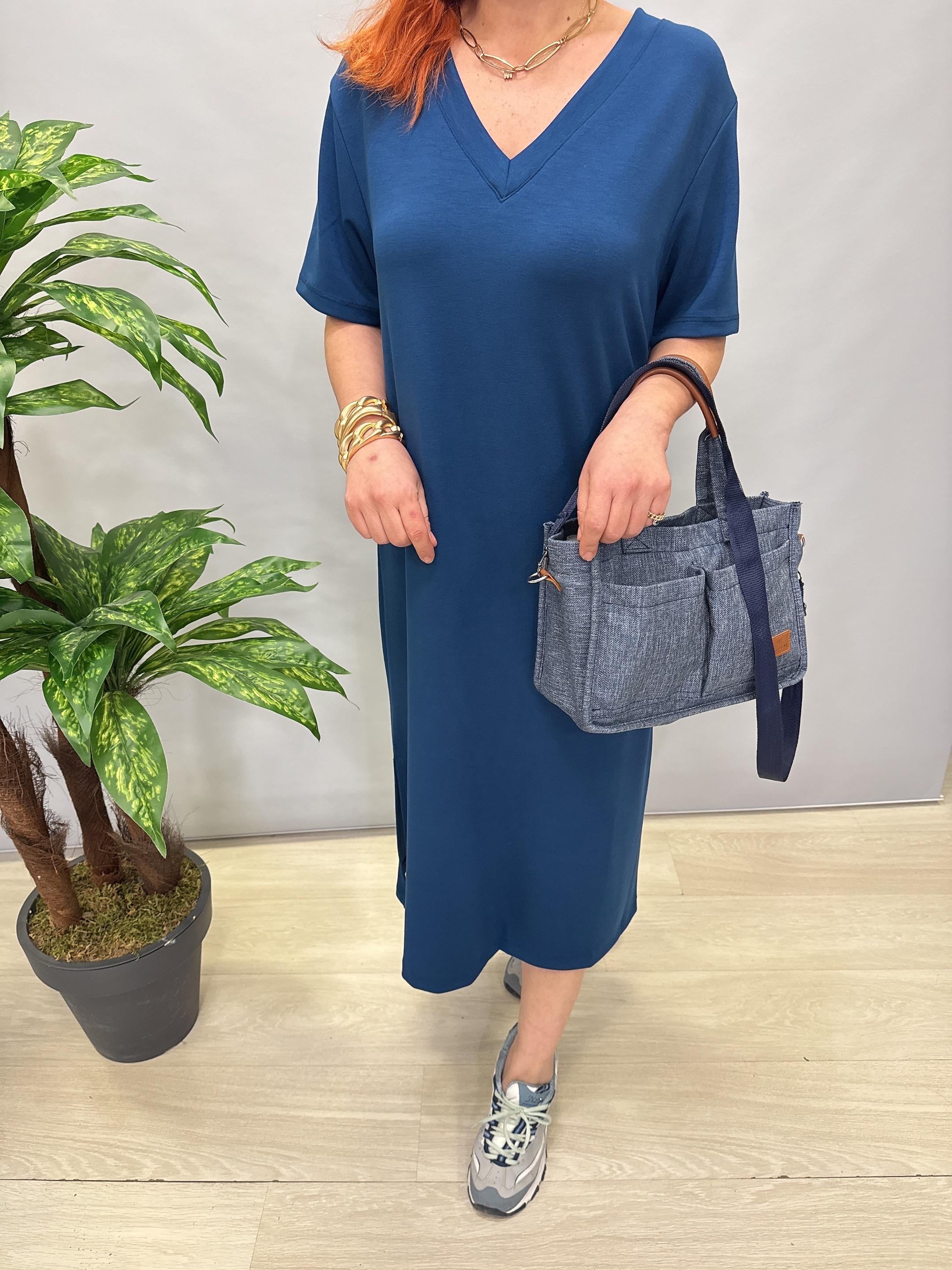 115 LİKRALI V YAKA MODAL ELBİSE İNDİGO MAVİ