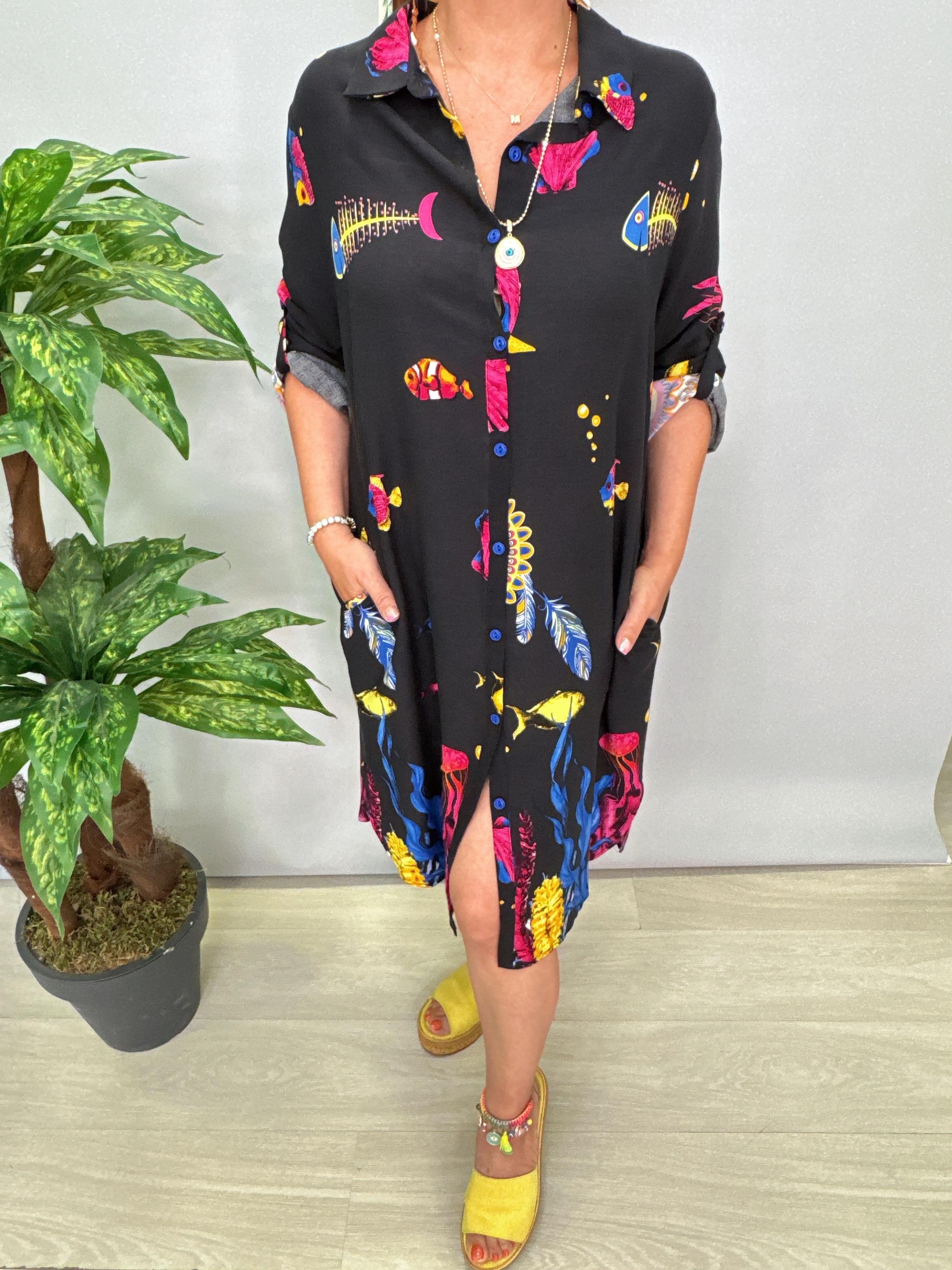 12080 Pamuklu Viskon Gömlek Elbise Siyah