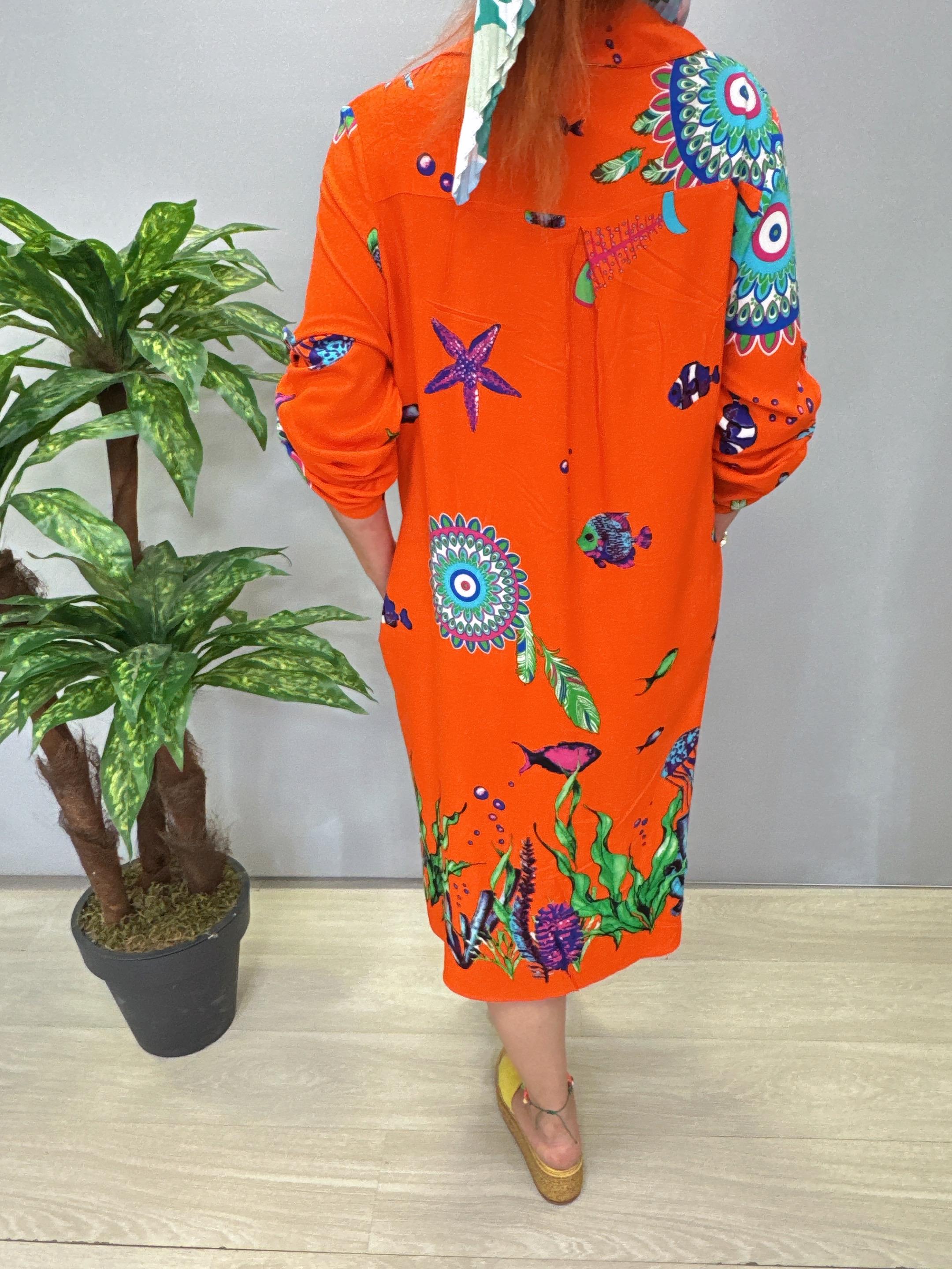 12080 Pamuklu Viskon Gömlek Elbise Turuncu