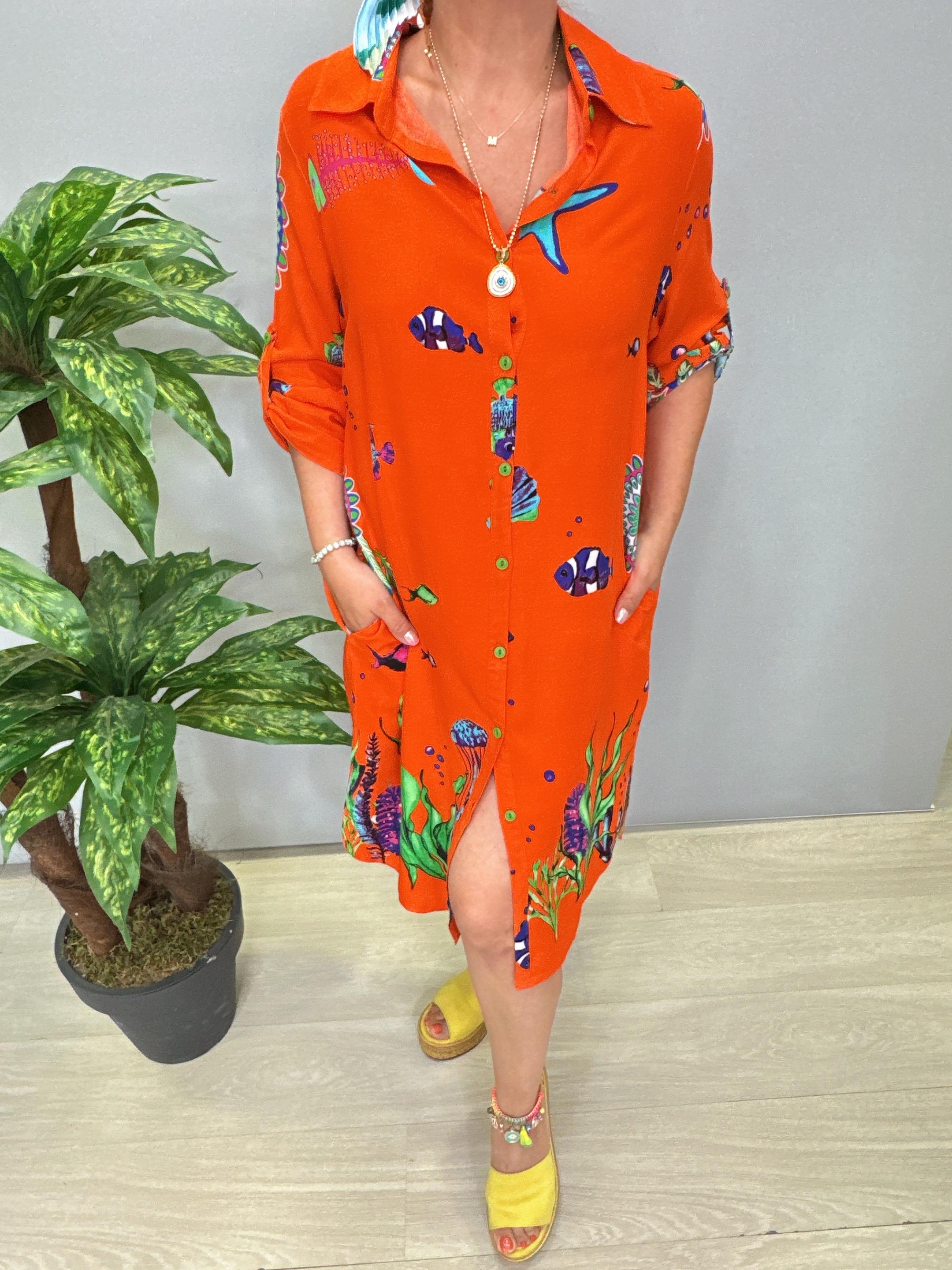 12080 Pamuklu Viskon Gömlek Elbise Turuncu