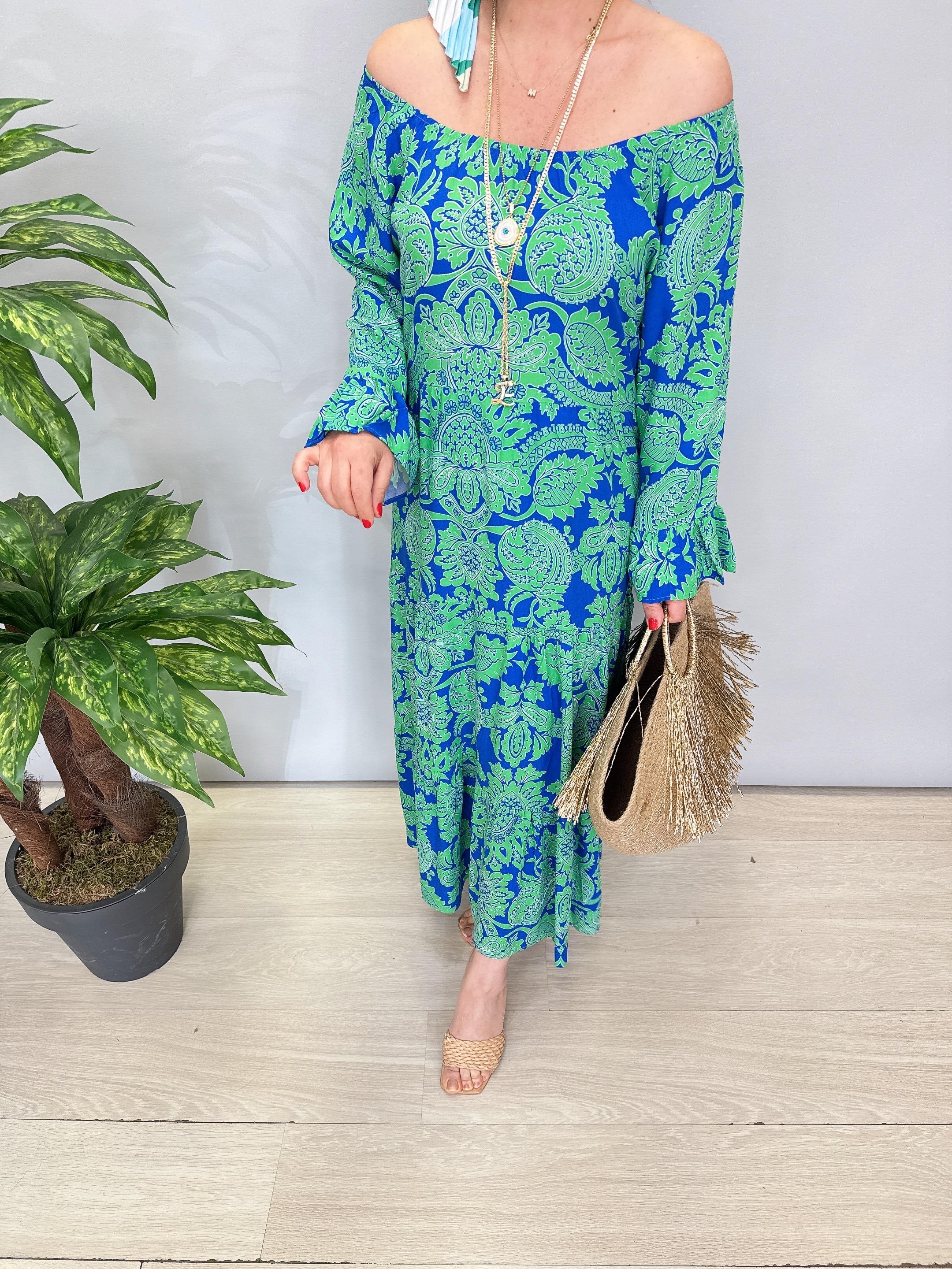 1316 Desenli Elbise Yeşil