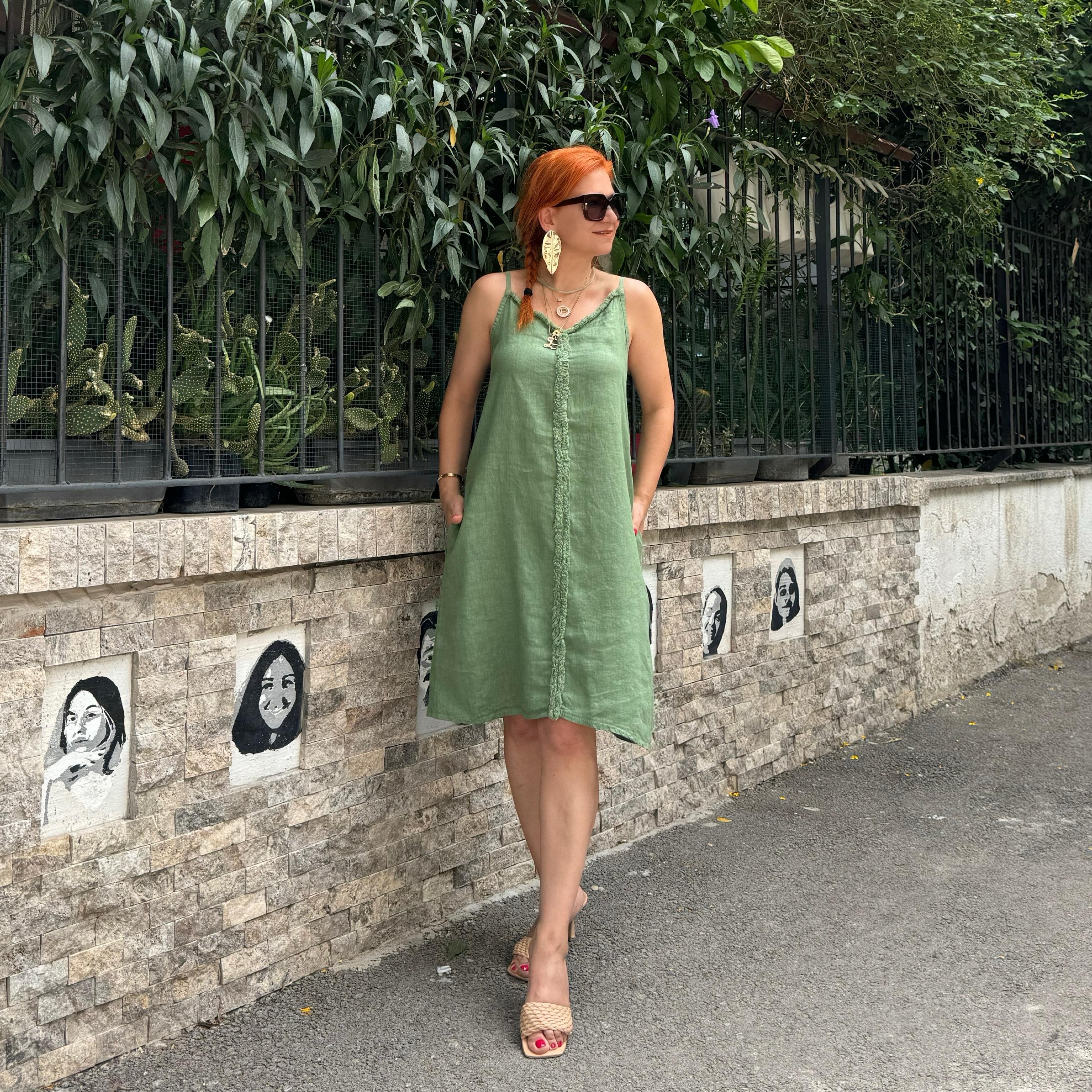 134091 PREMIUM İTHAL KETEN ELBİSE HAKİ 46 BEDENE KADAR UYUMLUDUR boyum 1.64