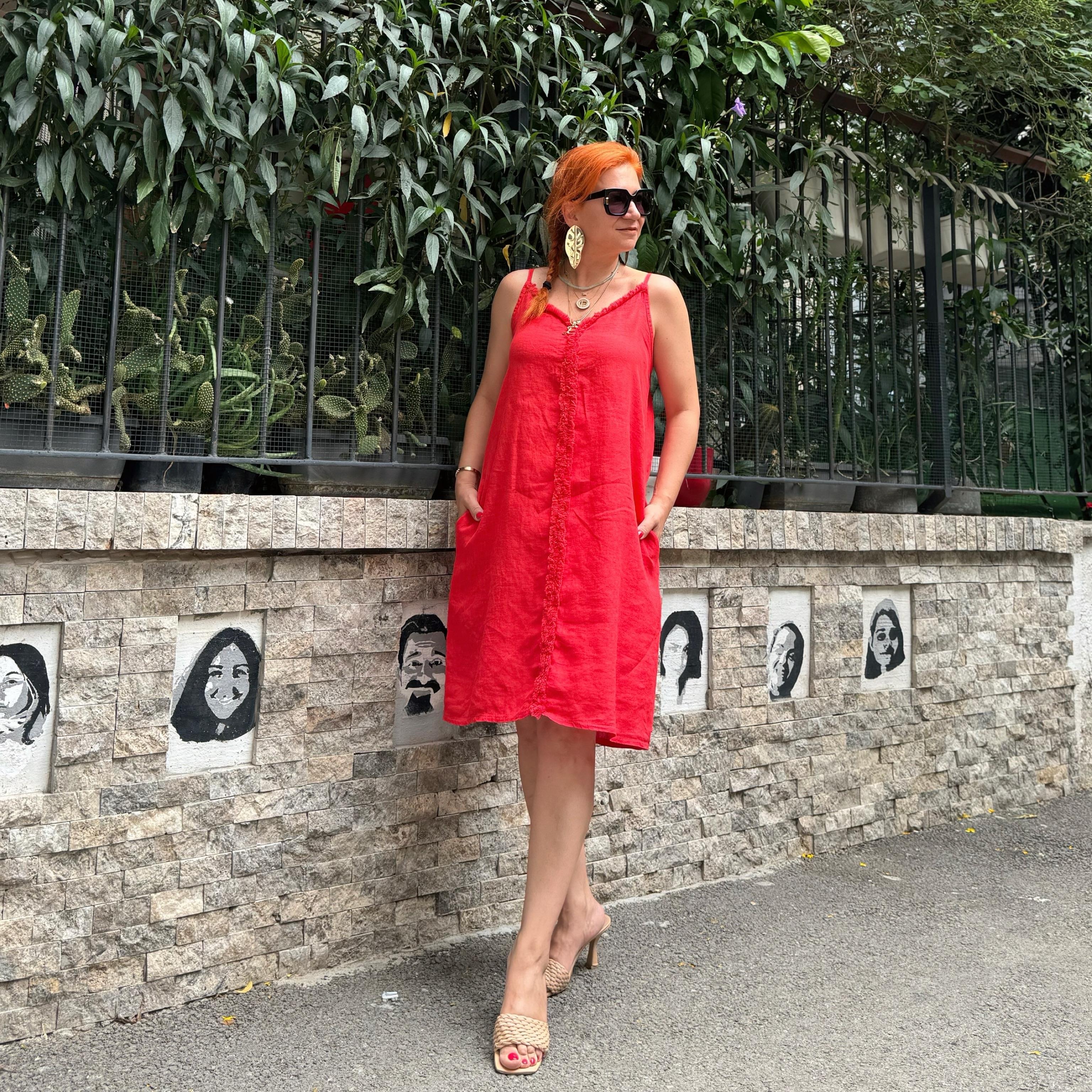 134091 PREMIUM  İTHAL KETEN ELBİSE KIRMIZI 46 BEDENE KADAR UYUMLUDUR boyum 1.64