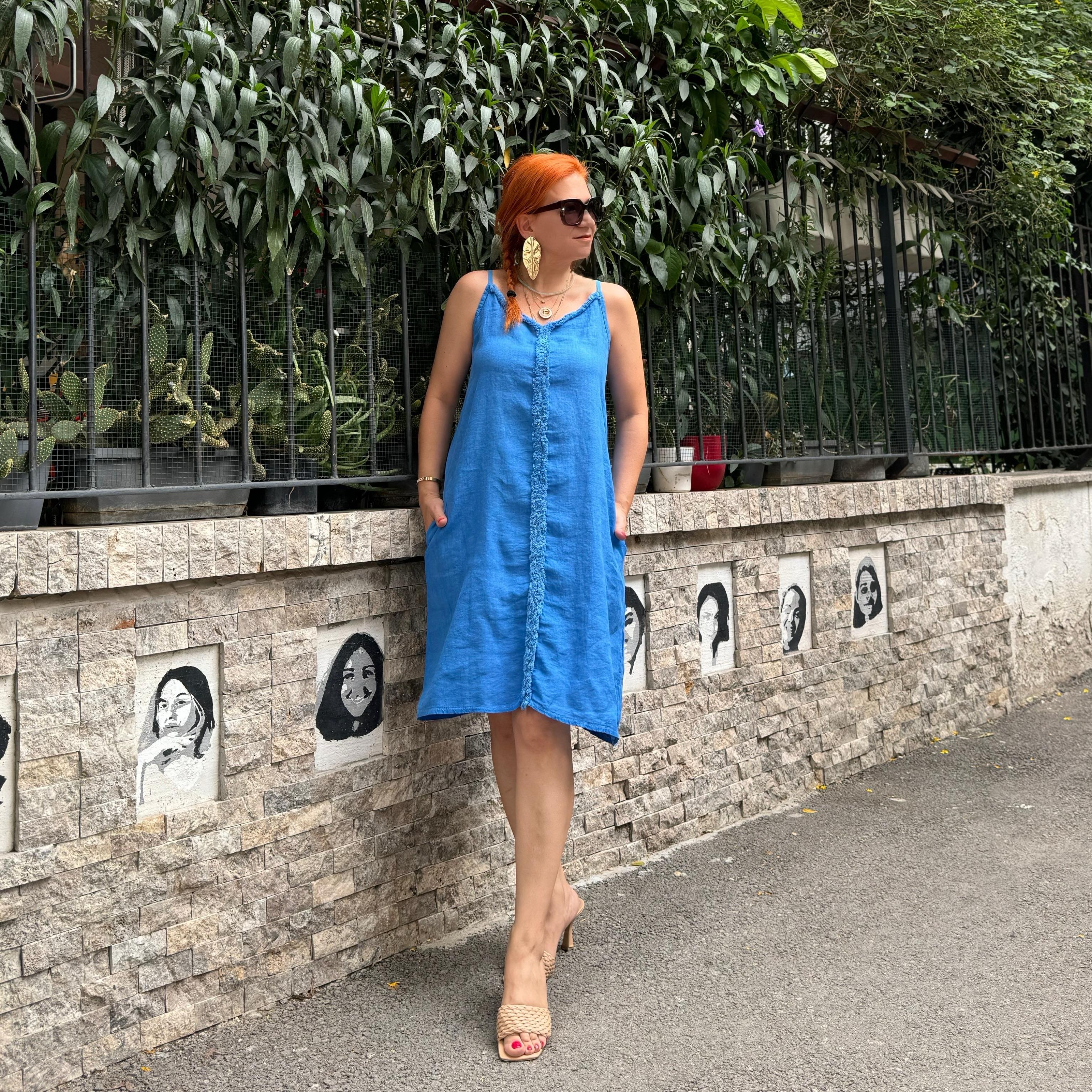 134091 PREMIUM İTHAL KETEN ELBİSE MAVİ 46 BEDENE KADAR UYUMLUDUR boyum 1.64