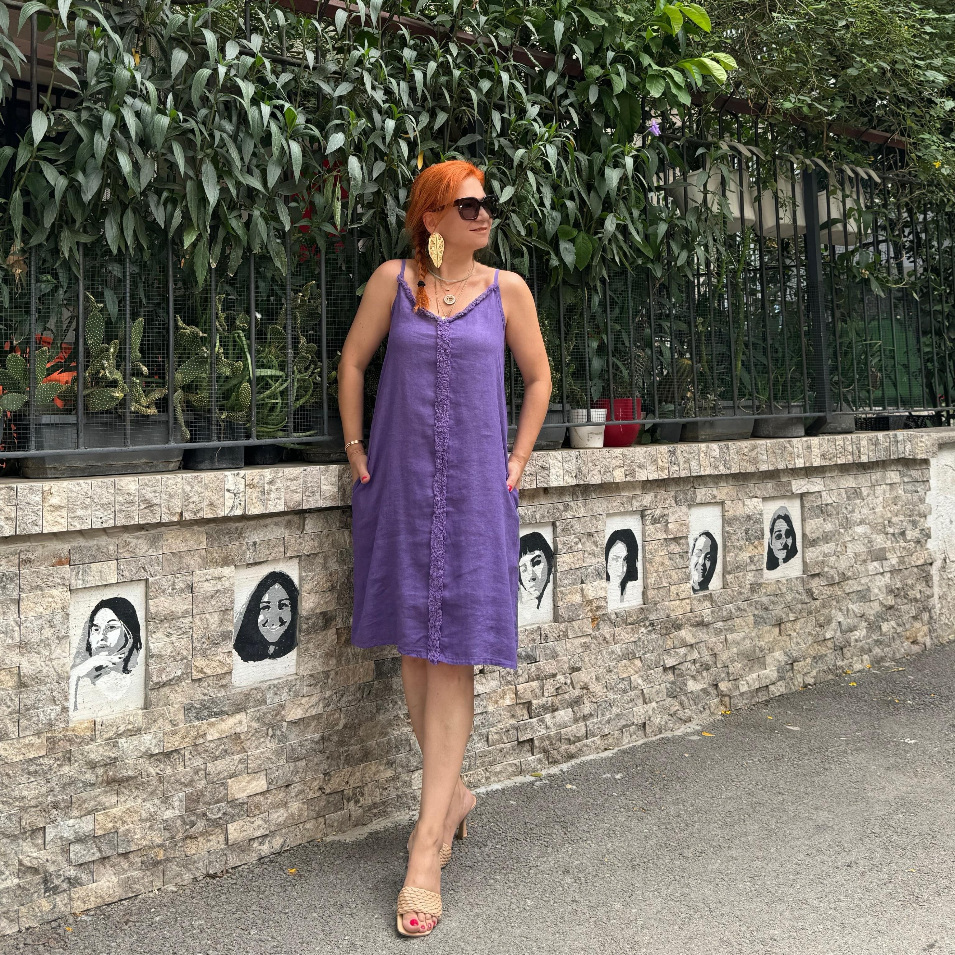 134091 PREMIUM İTHAL KETEN ELBİSE MOR 46 BEDENE KADAR UYUMLUDUR boyum 1.64