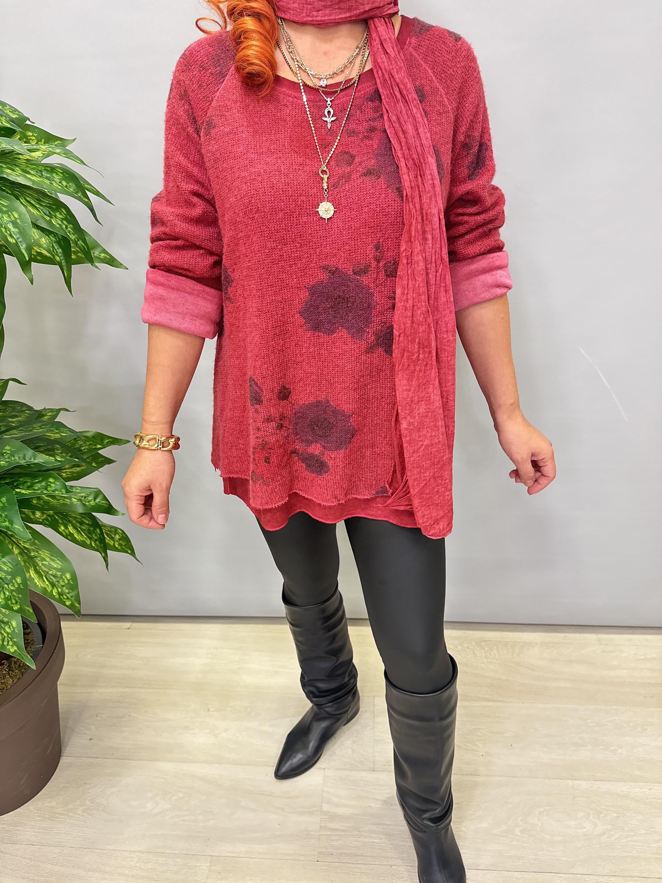 1385 Italyan Fularlı Triko Bluz Bordo