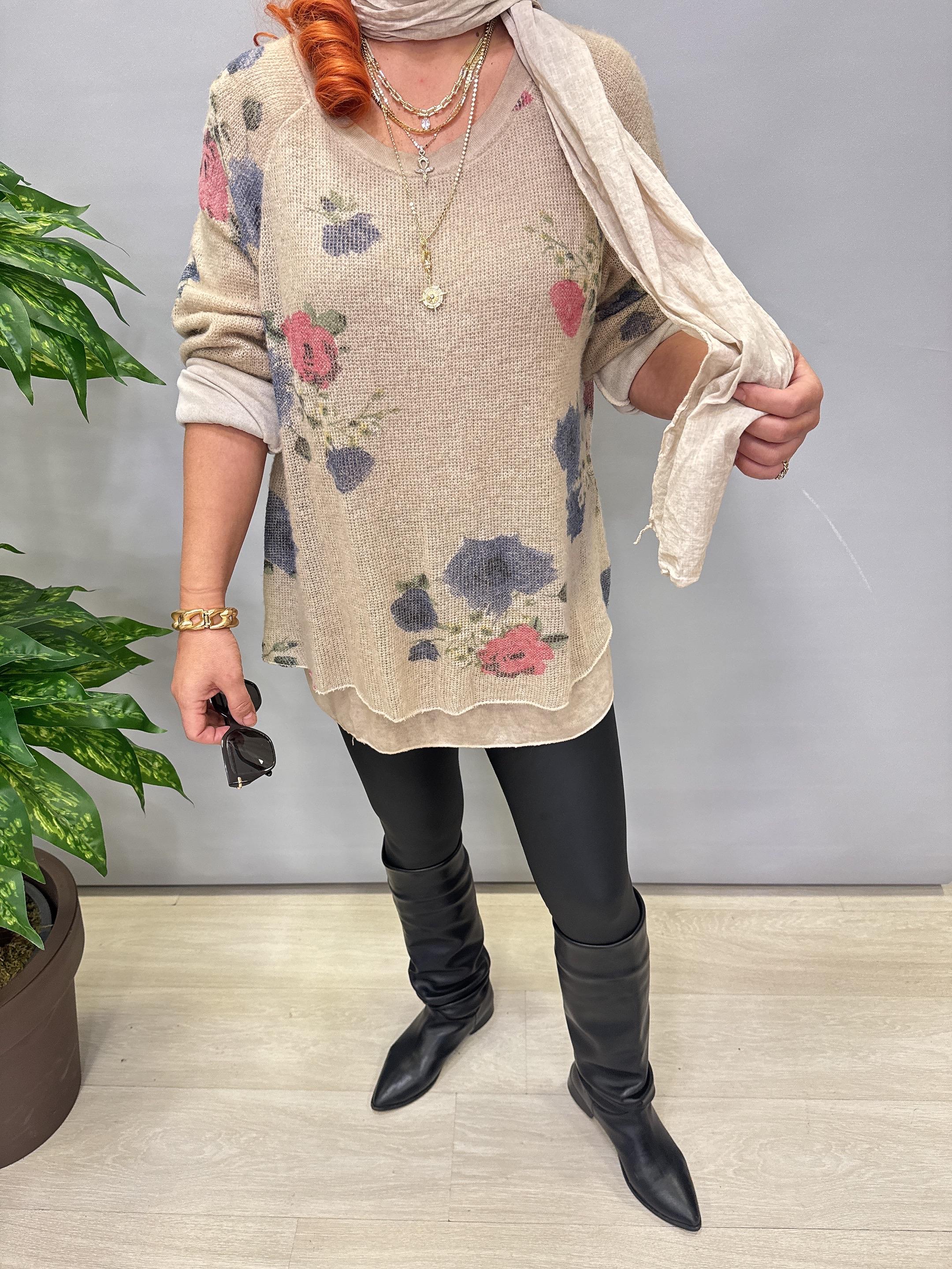 1385 Italyan Fularlı Triko Bluz Taş