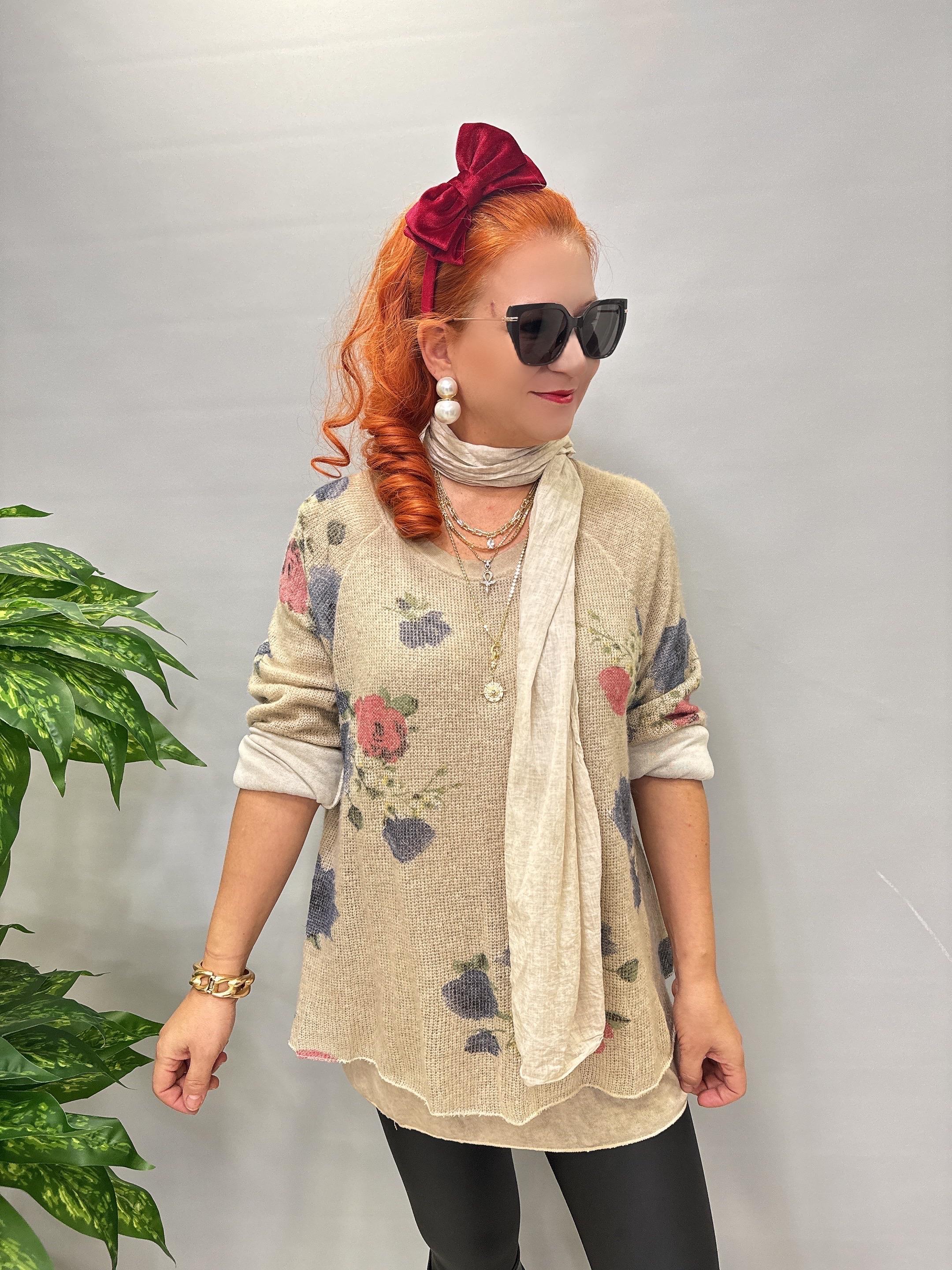 1385 Italyan Fularlı Triko Bluz Taş