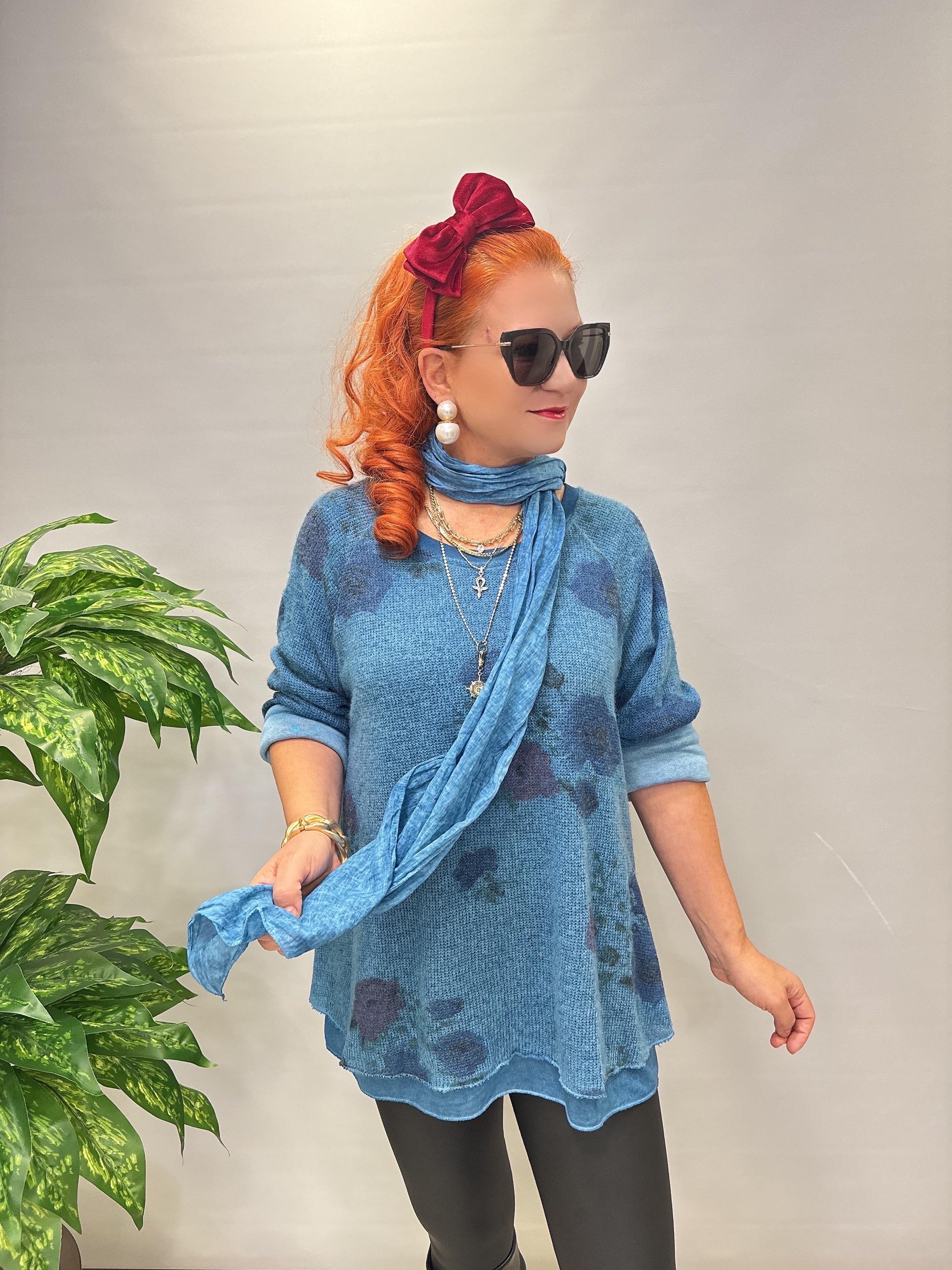 1385 Italyan Fularlı Triko Bluz Turkuaz