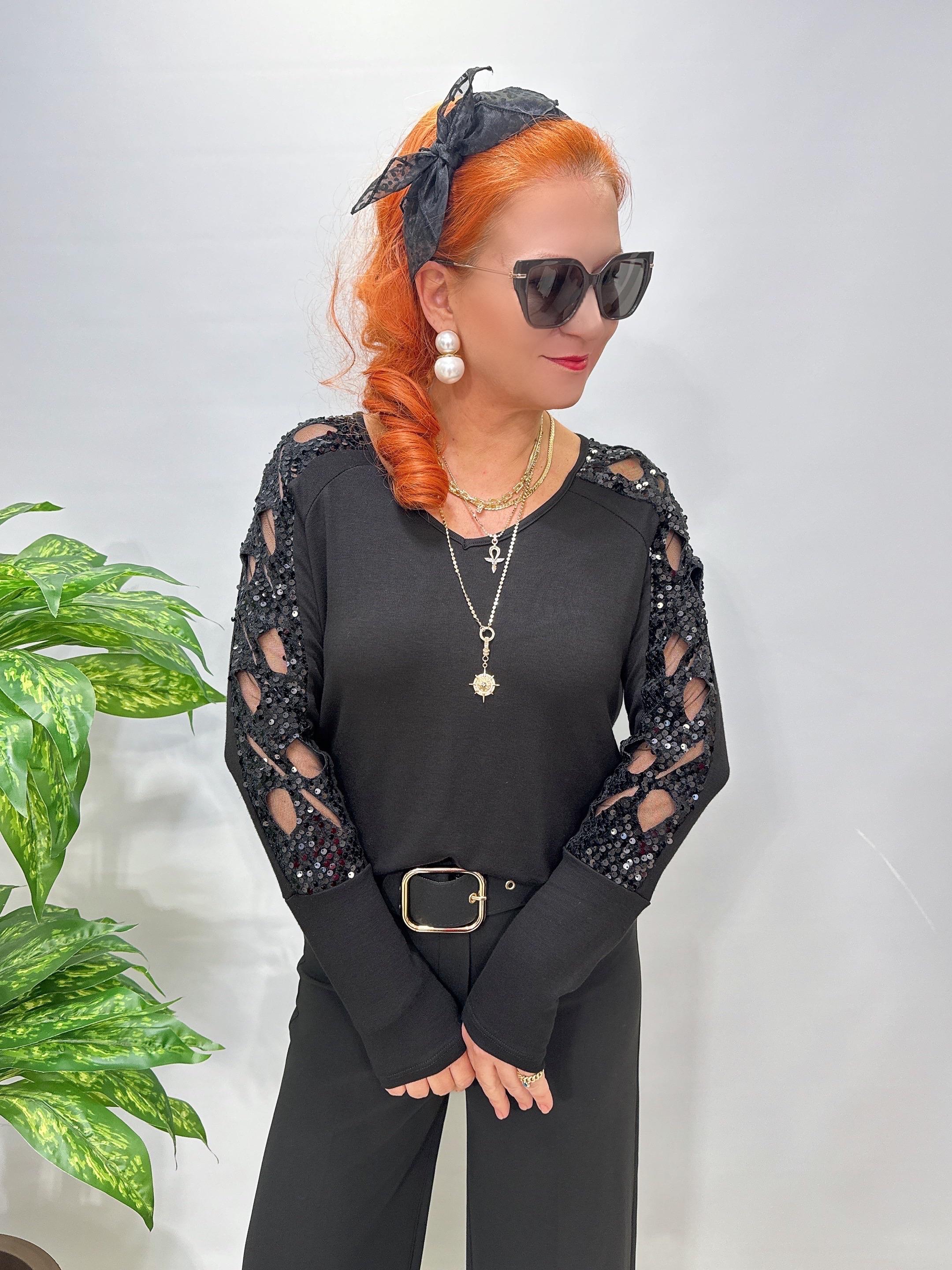 1508 Kollar Payet ve Tül Detaylı Çilek Triko Bluz Siyah