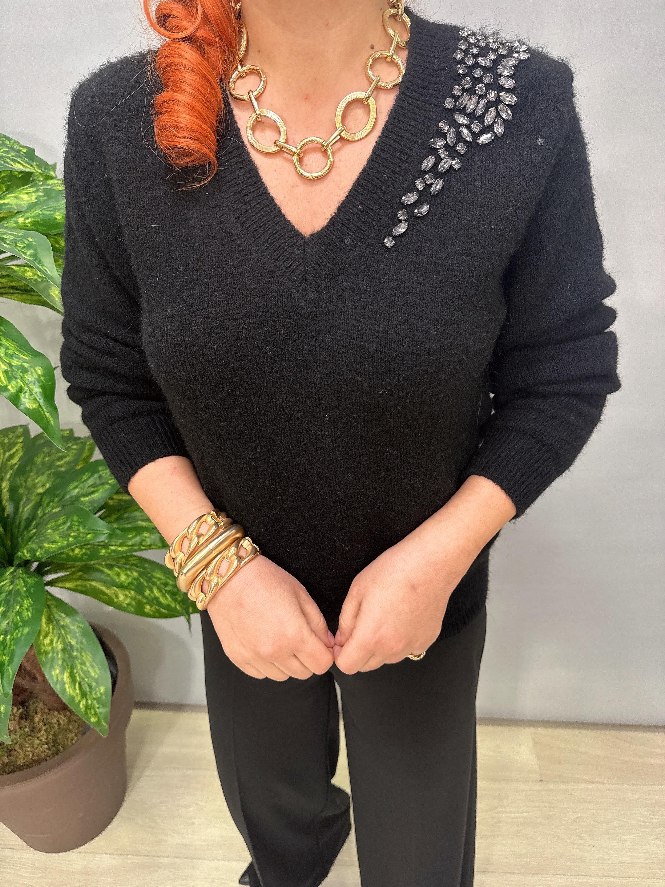 1508 Omuzunda Taş Detaylı Kazak Siyah