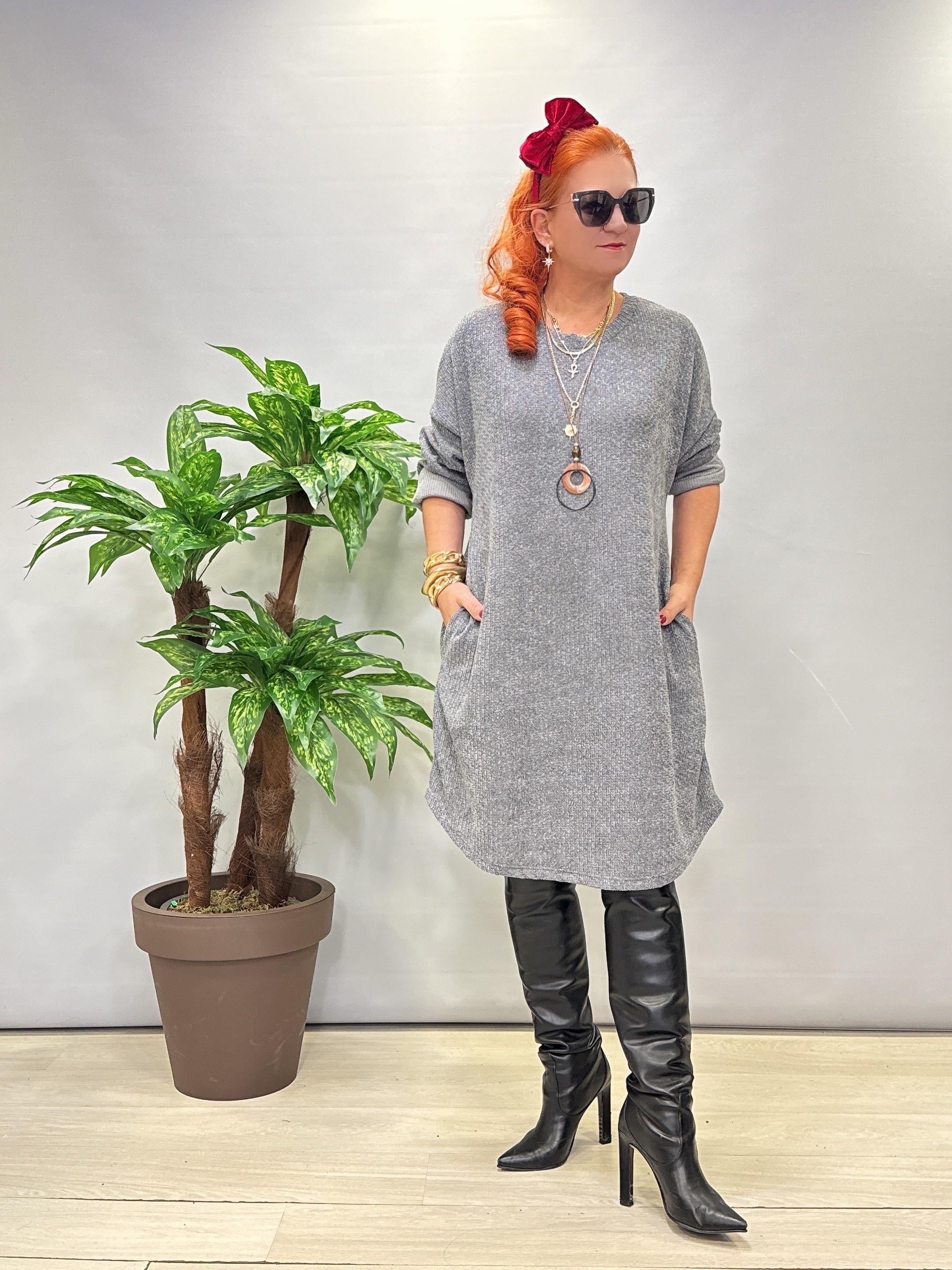 1575 Italyan Şönil Kadife Elbise Gri