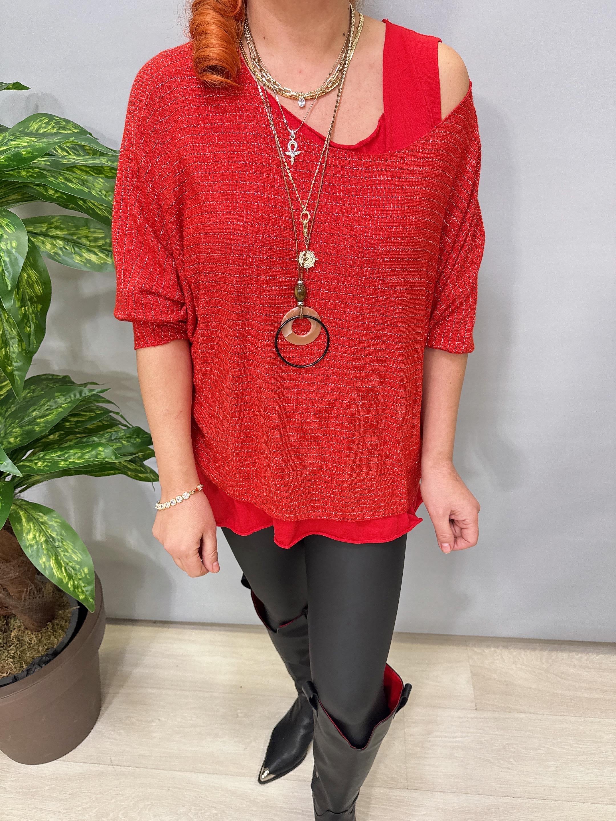 1578 Italyan Simli Triko Bluz Kırmızı 