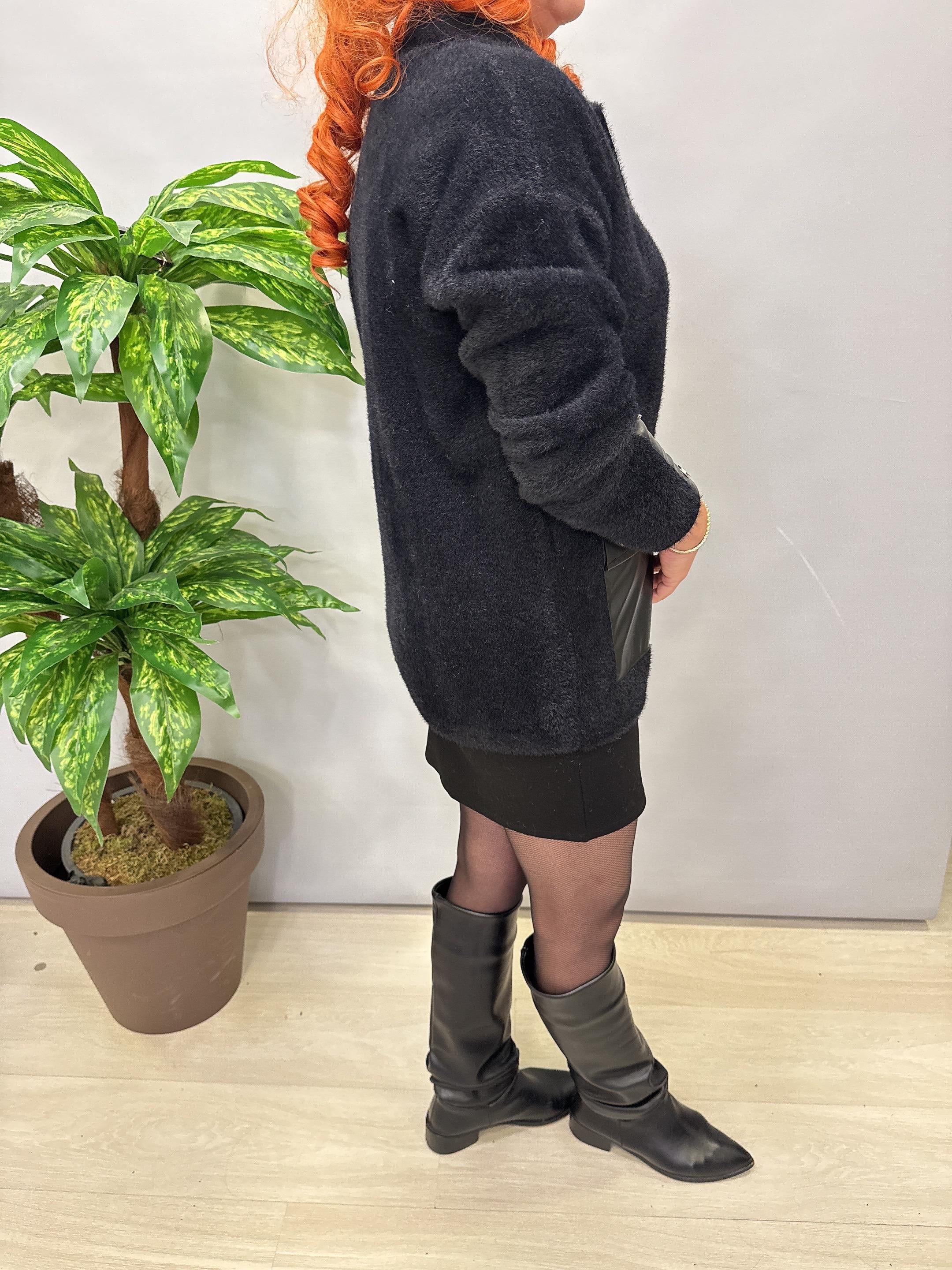 1745 Angora Deri Detaylı Ceket Siyah