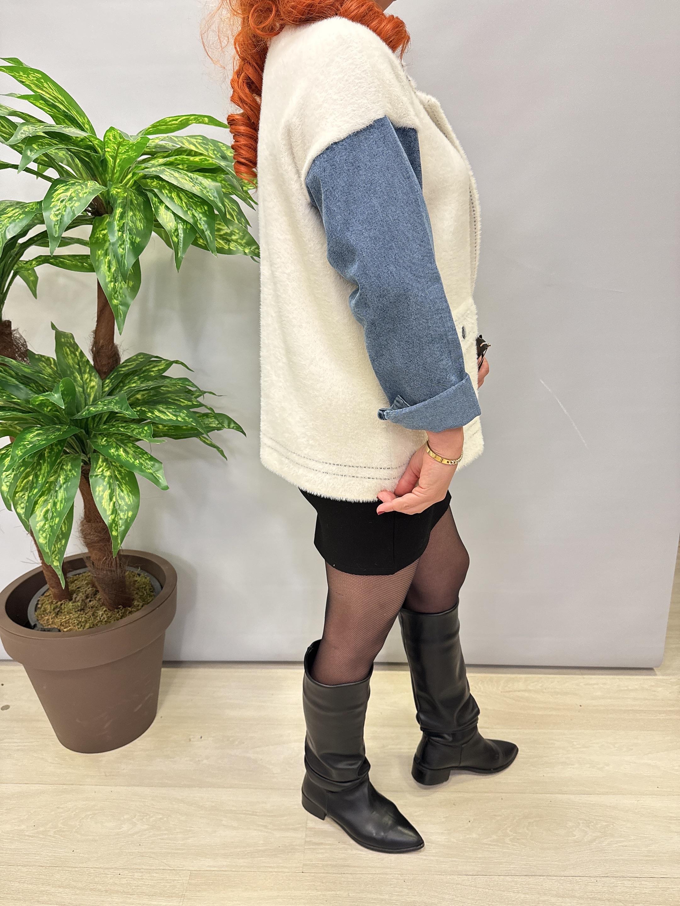 1745 Angora Jean Detaylı  Triko Ceket Ekru