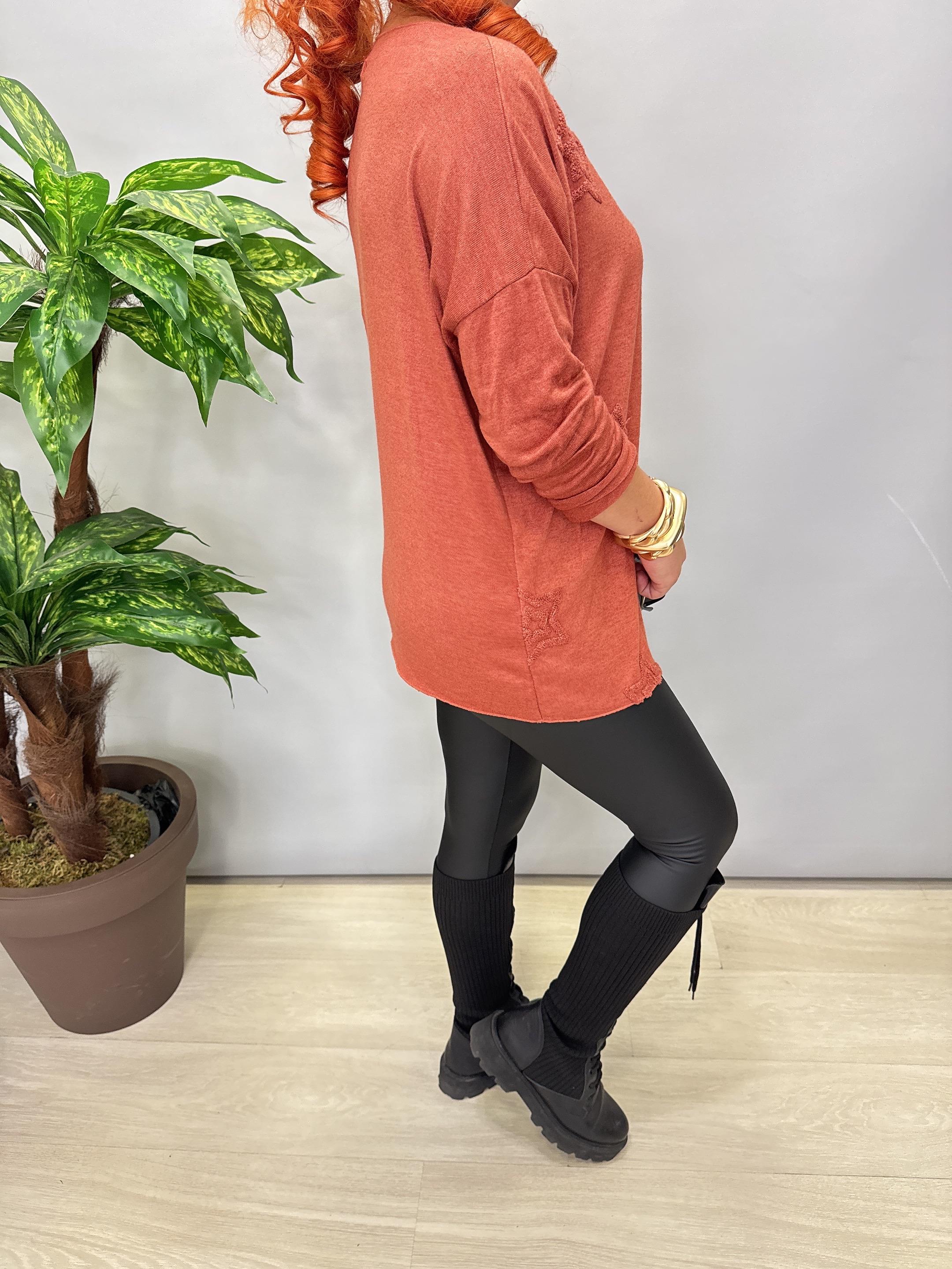 1750 Italyan Leopar Detay Triko Bluz Kiremit