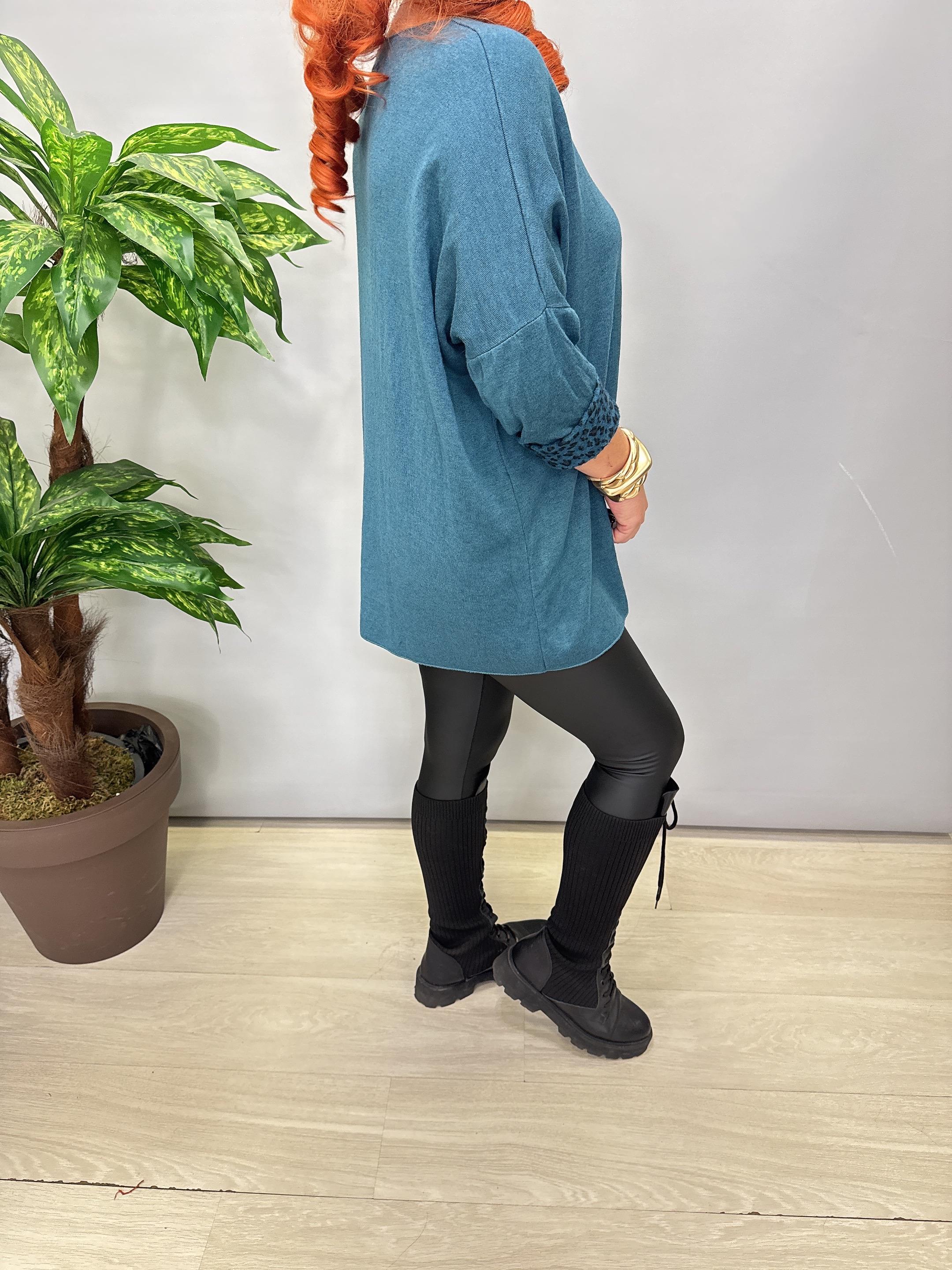 1750 Italyan Leopar Detay Triko Bluz Petrol