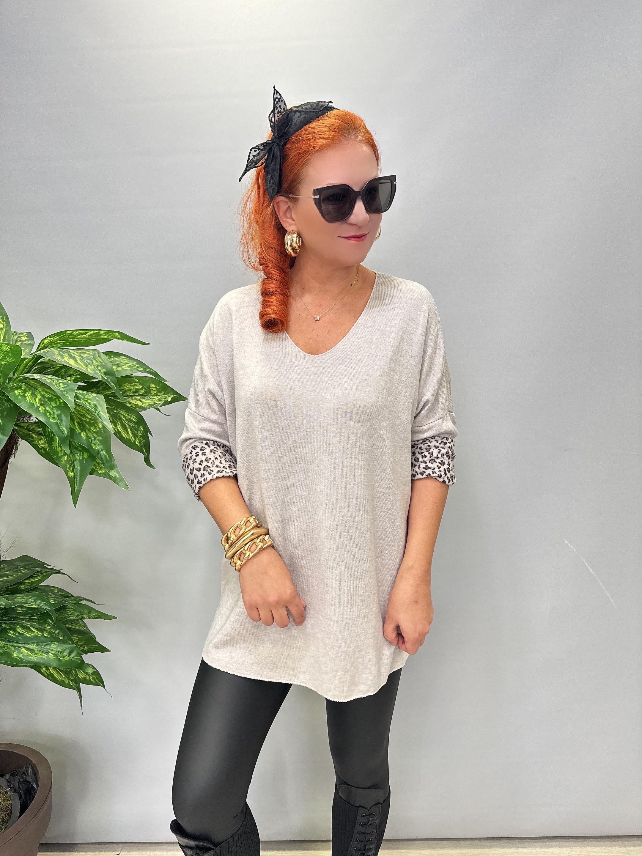 1750 Italyan Leopar Detay Triko Bluz Taş