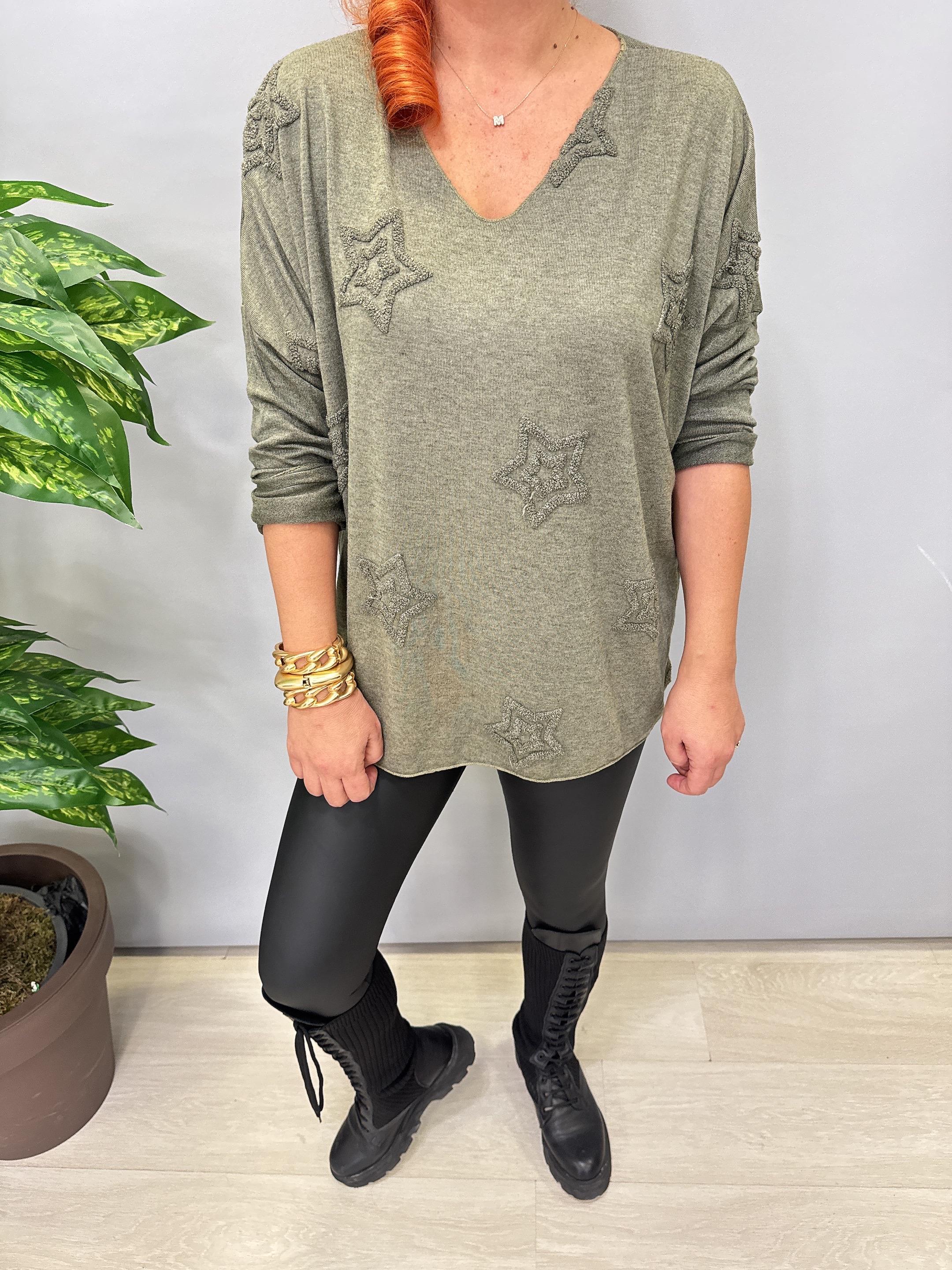 1750 Italyan Yıldız Detay Triko Bluz Haki