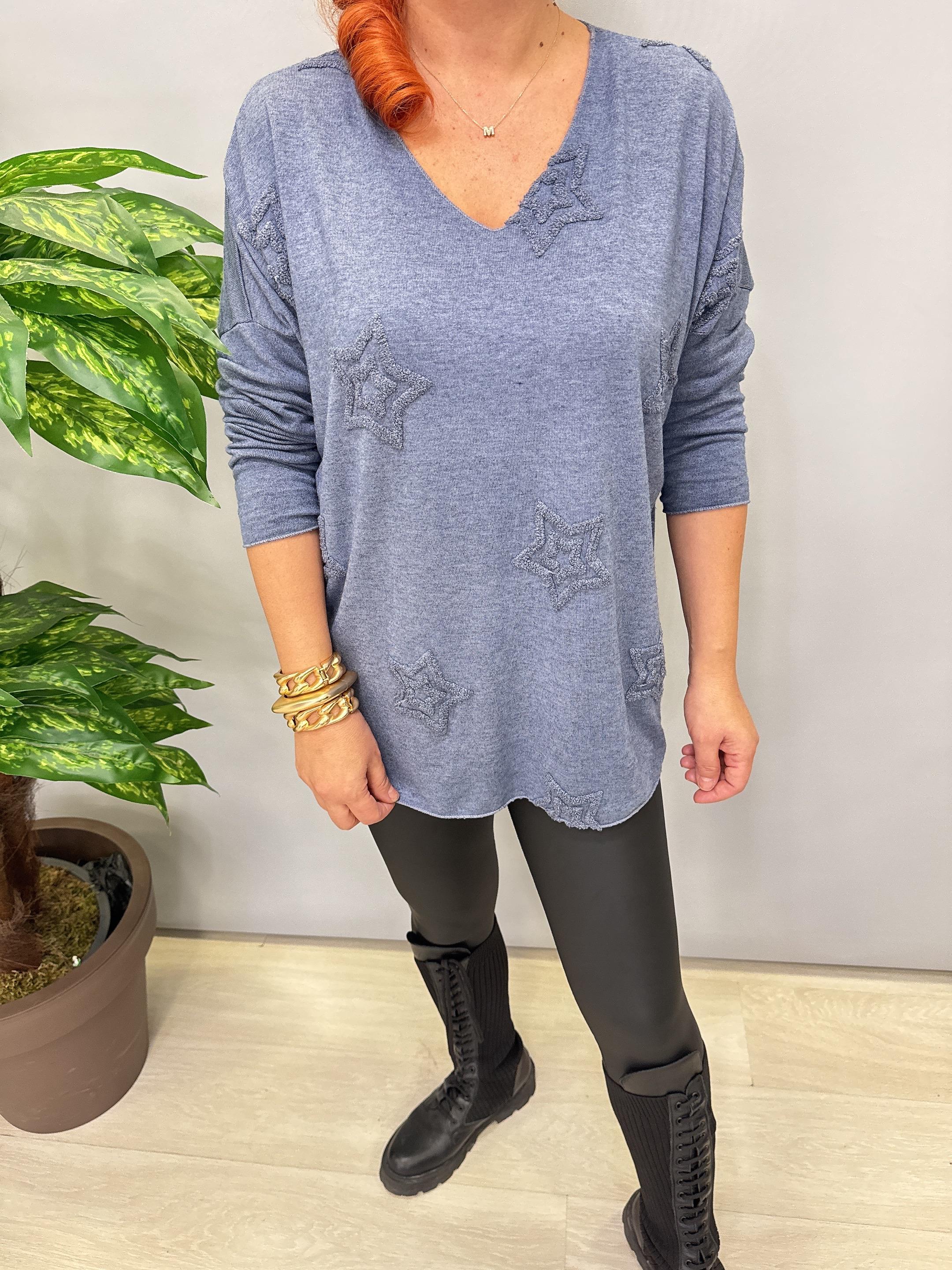 1750 Italyan Yıldız Detay Triko Bluz İndigo