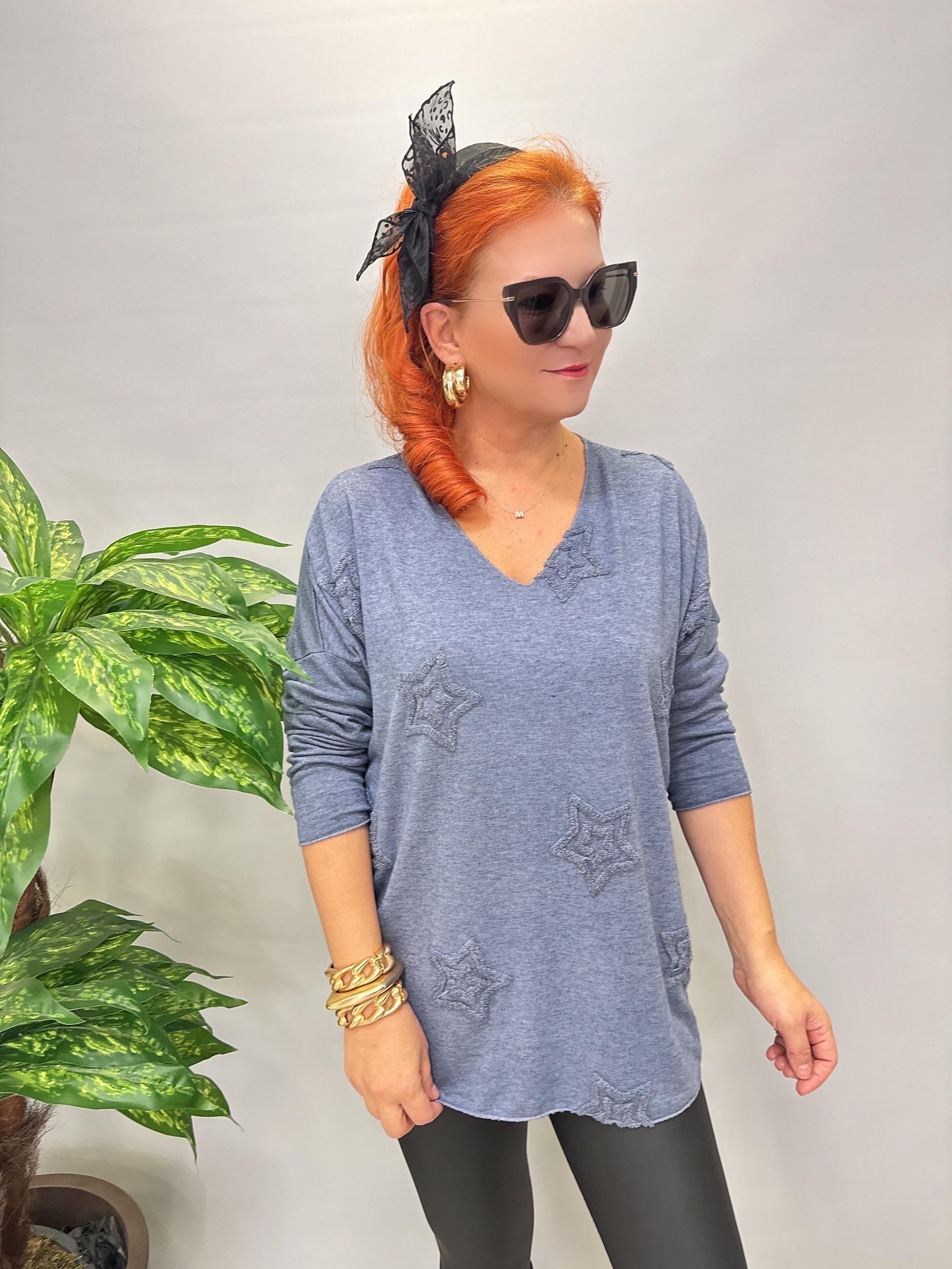 1750 Italyan Yıldız Detay Triko Bluz İndigo