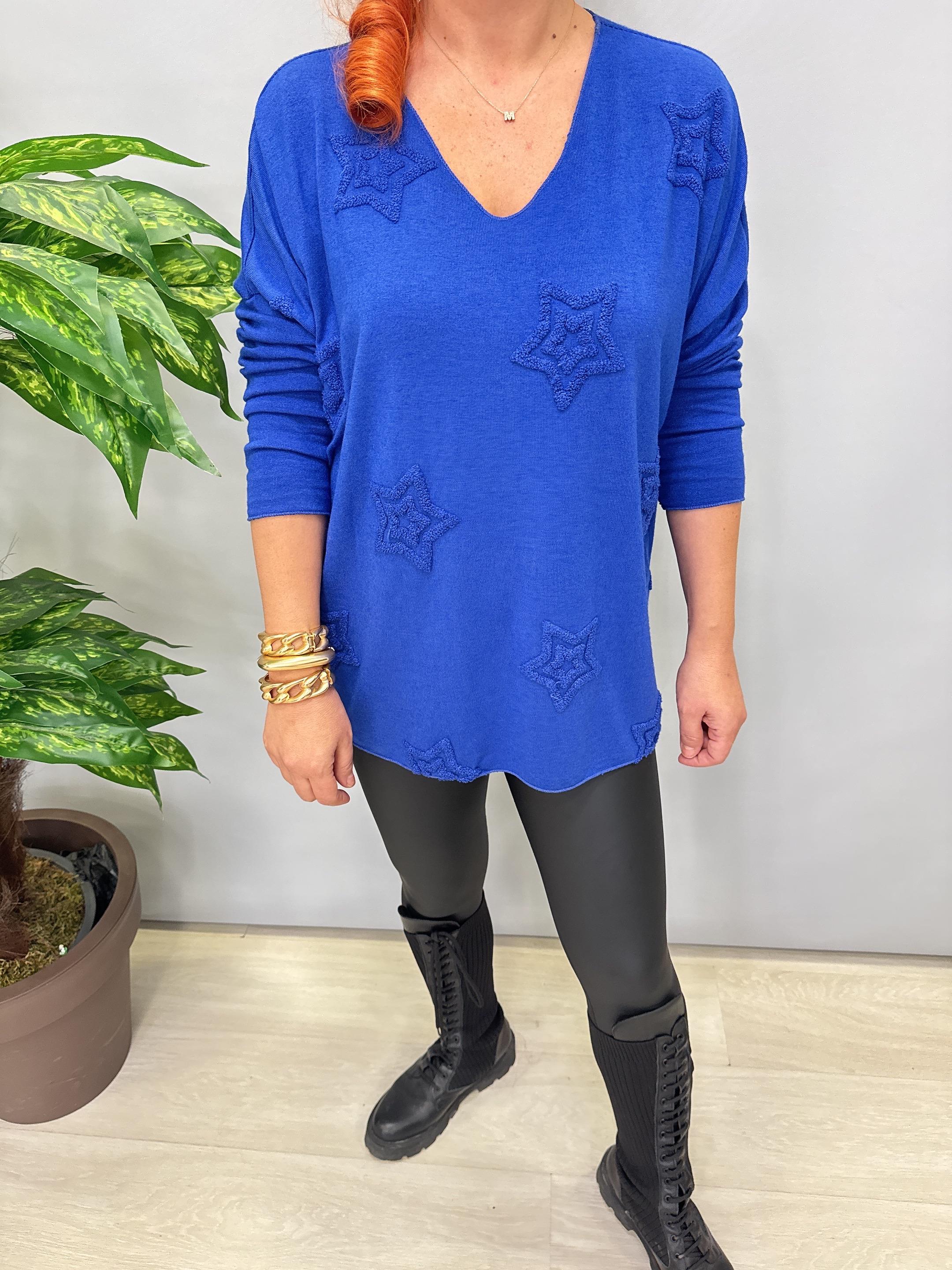 1750 Italyan Yıldız Detay Triko Bluz Saks Mavi