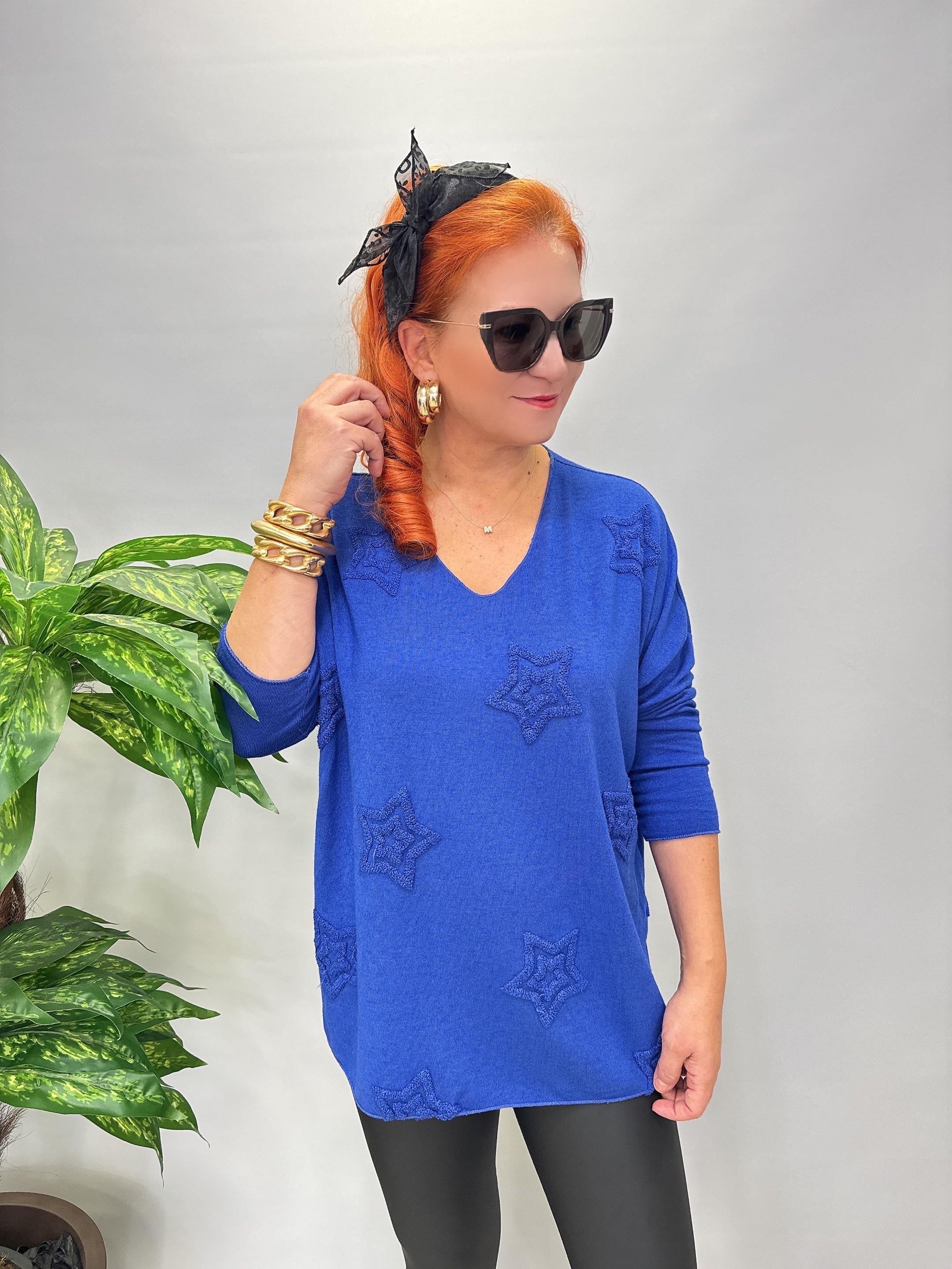 1750 Italyan Yıldız Detay Triko Bluz Saks Mavi