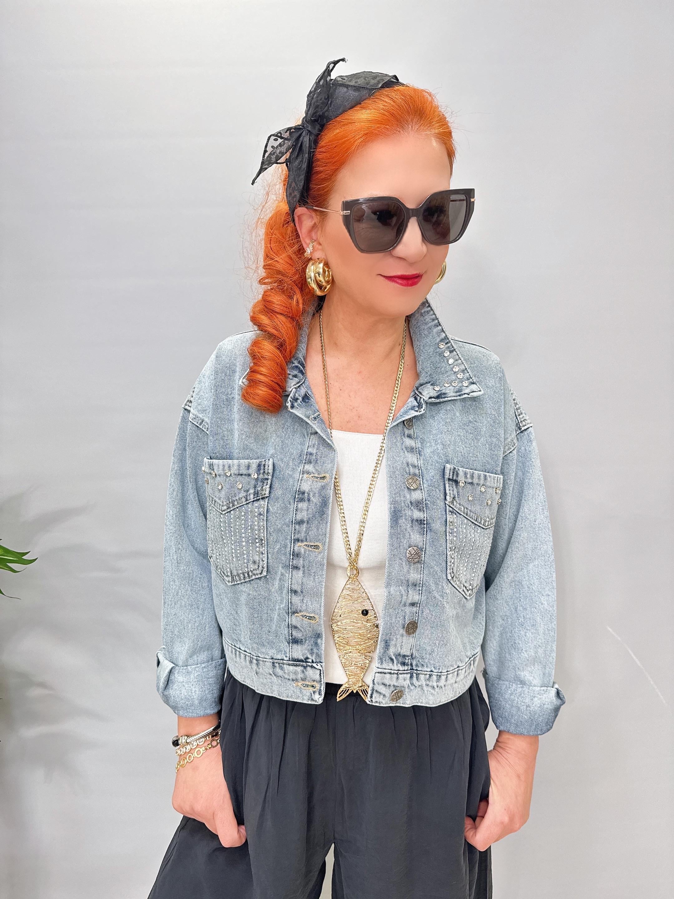 1874 Taşlı Kısa Kot Ceket Buz mavi 