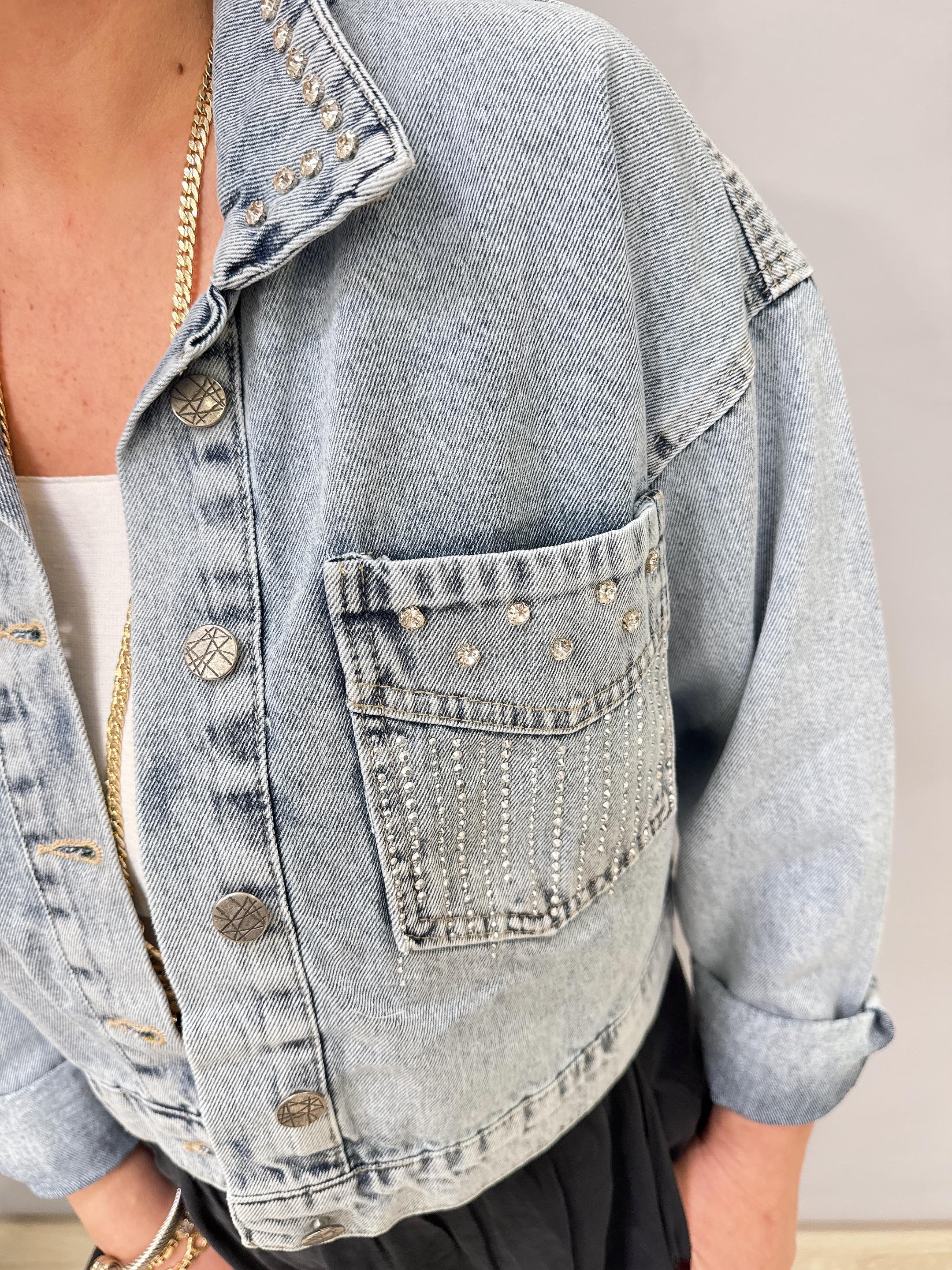 1874 Taşlı Kısa Kot Ceket Buz mavi 