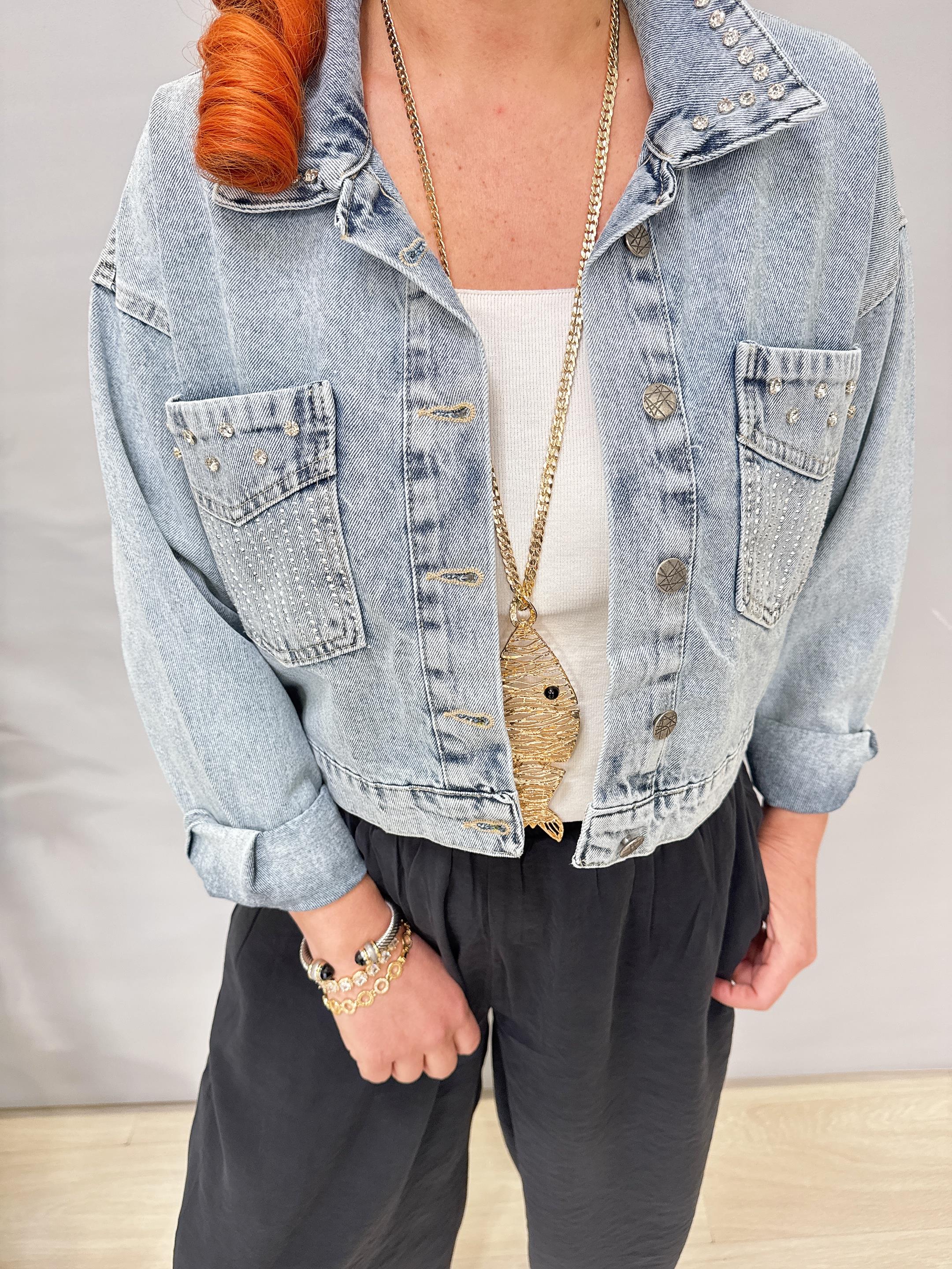 1874 Taşlı Kısa Kot Ceket Buz mavi 