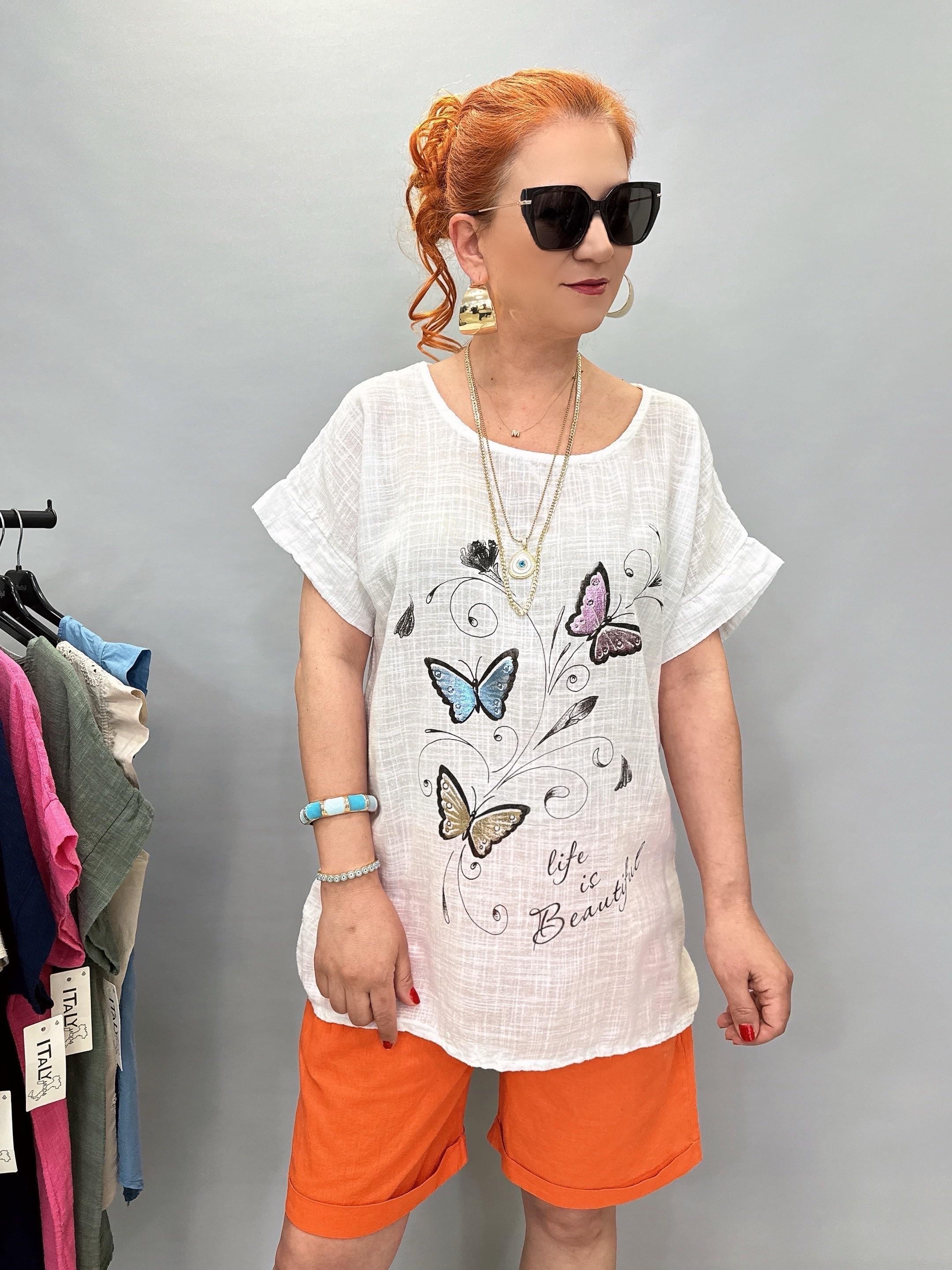 2030 Italyan Desenli Bluz Beyaz