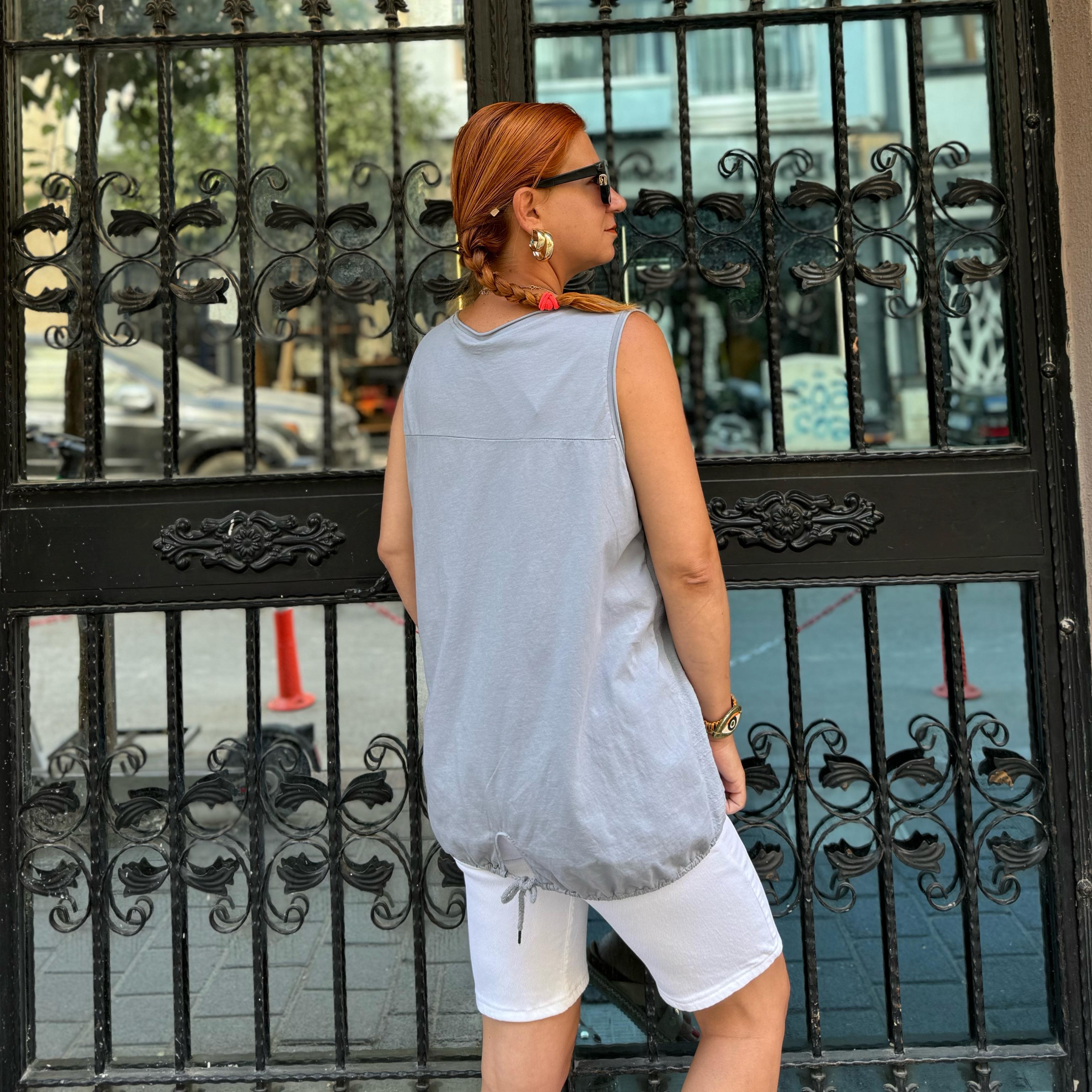 2030 İTALYAN VARAK DETAY PAMUKLU BLUZ 44 BEDENE KADAR UYUMLUDUR  GRİ