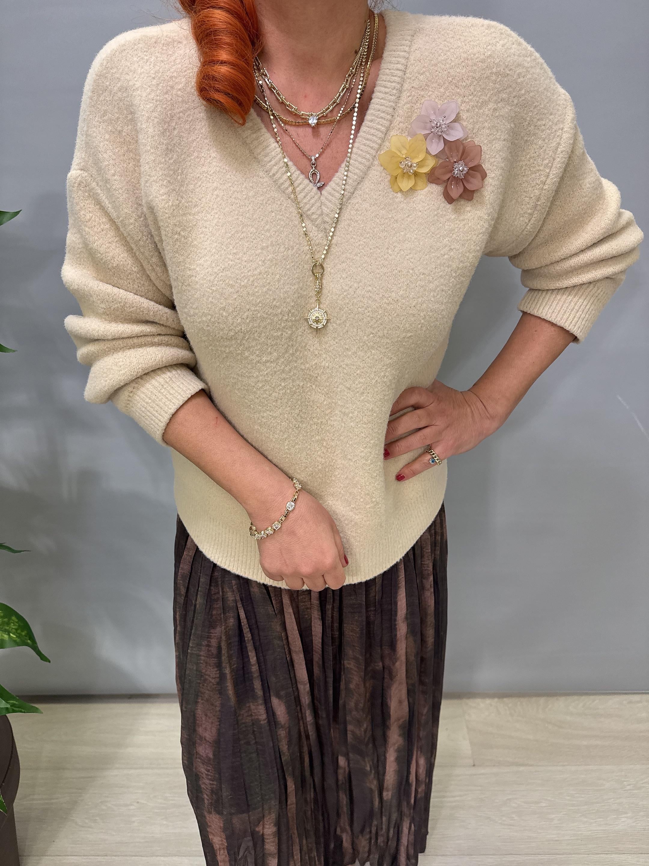 2126 Broş Detaylı Angora Triko Bluz Taş