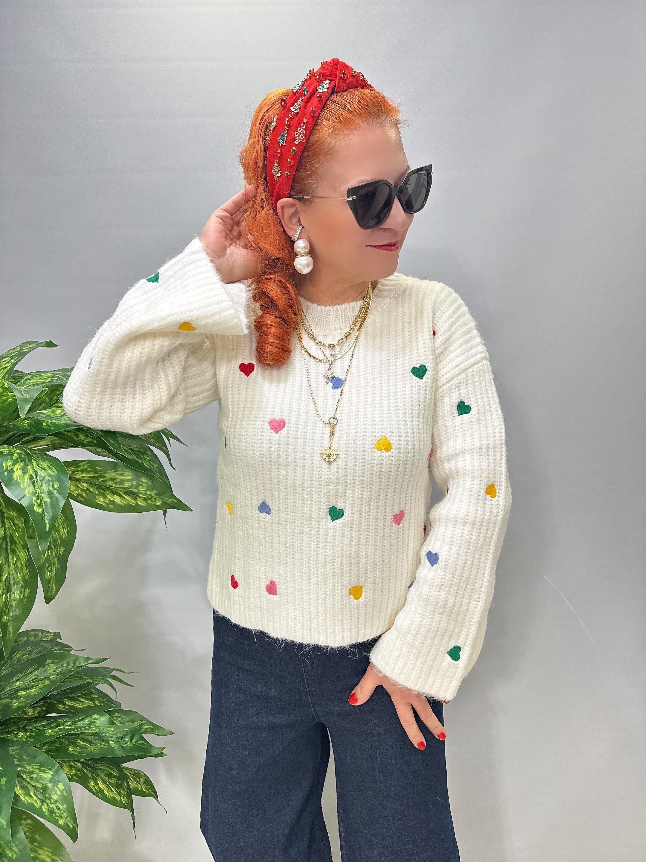 2126 Kalp Nakış Detaylı Triko Ekru