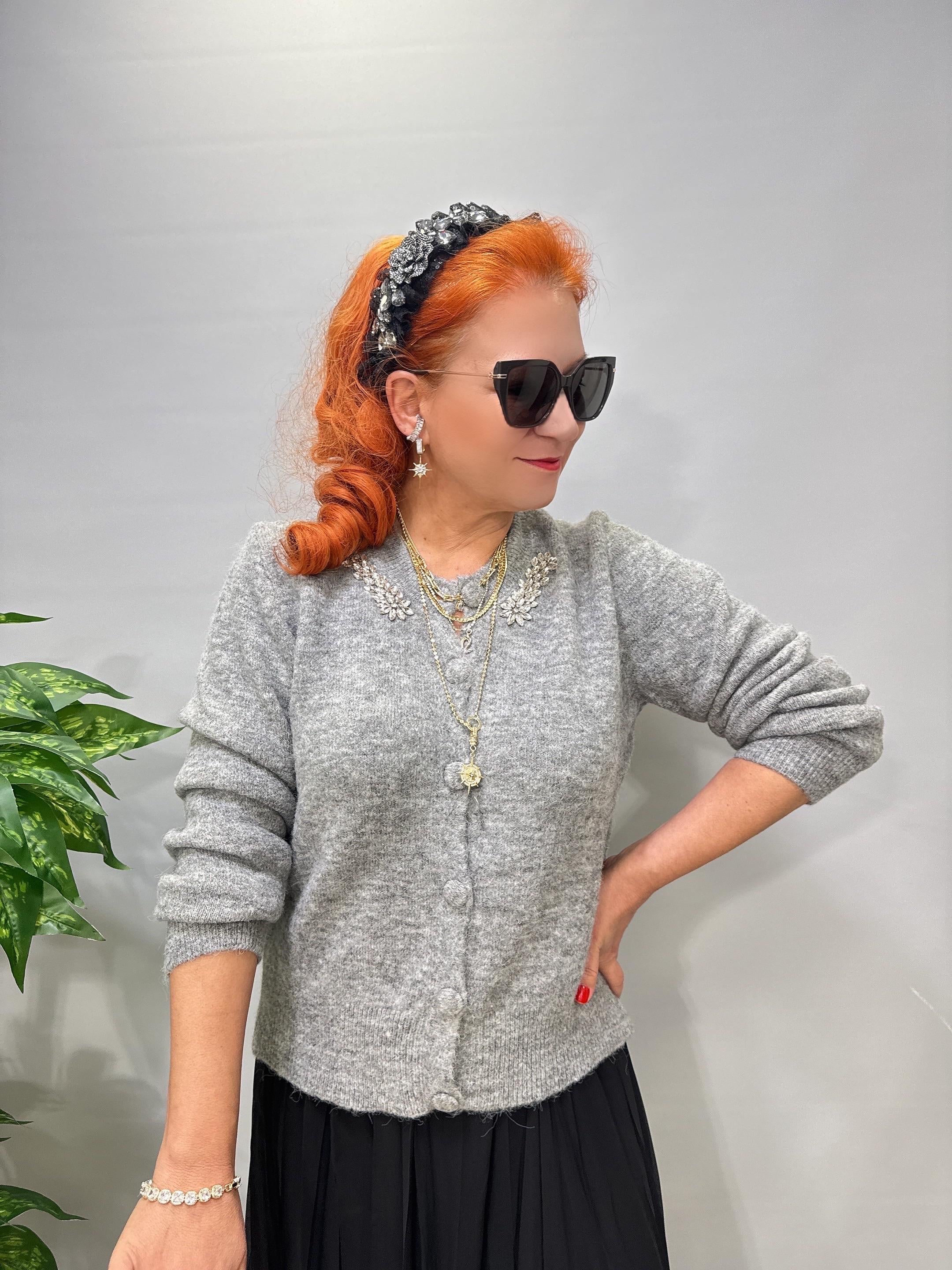 2126 Taş Detaylı Hırka / Bluz  Gri