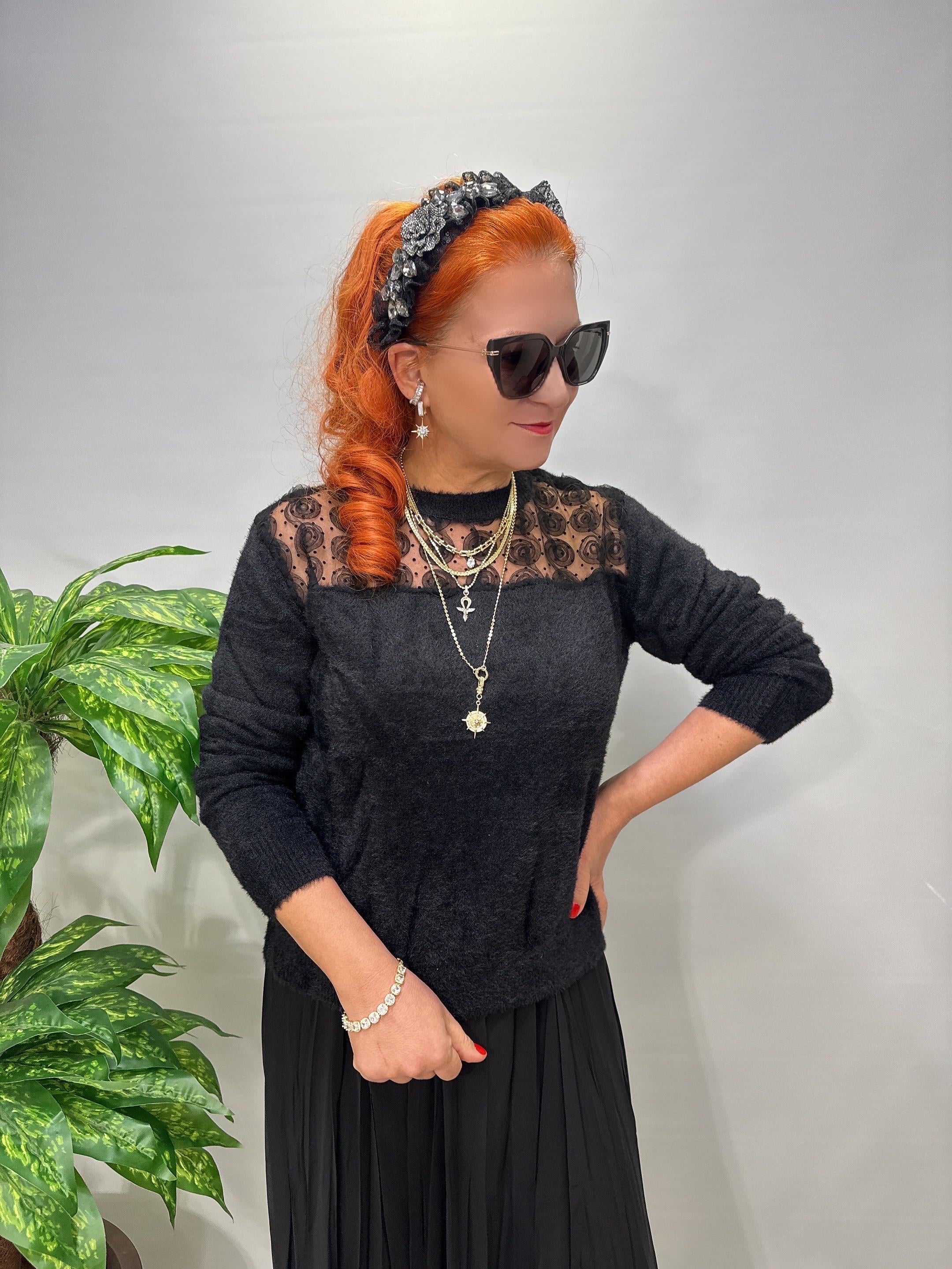 2126 Tül Detaylı Triko Bluz Siyah