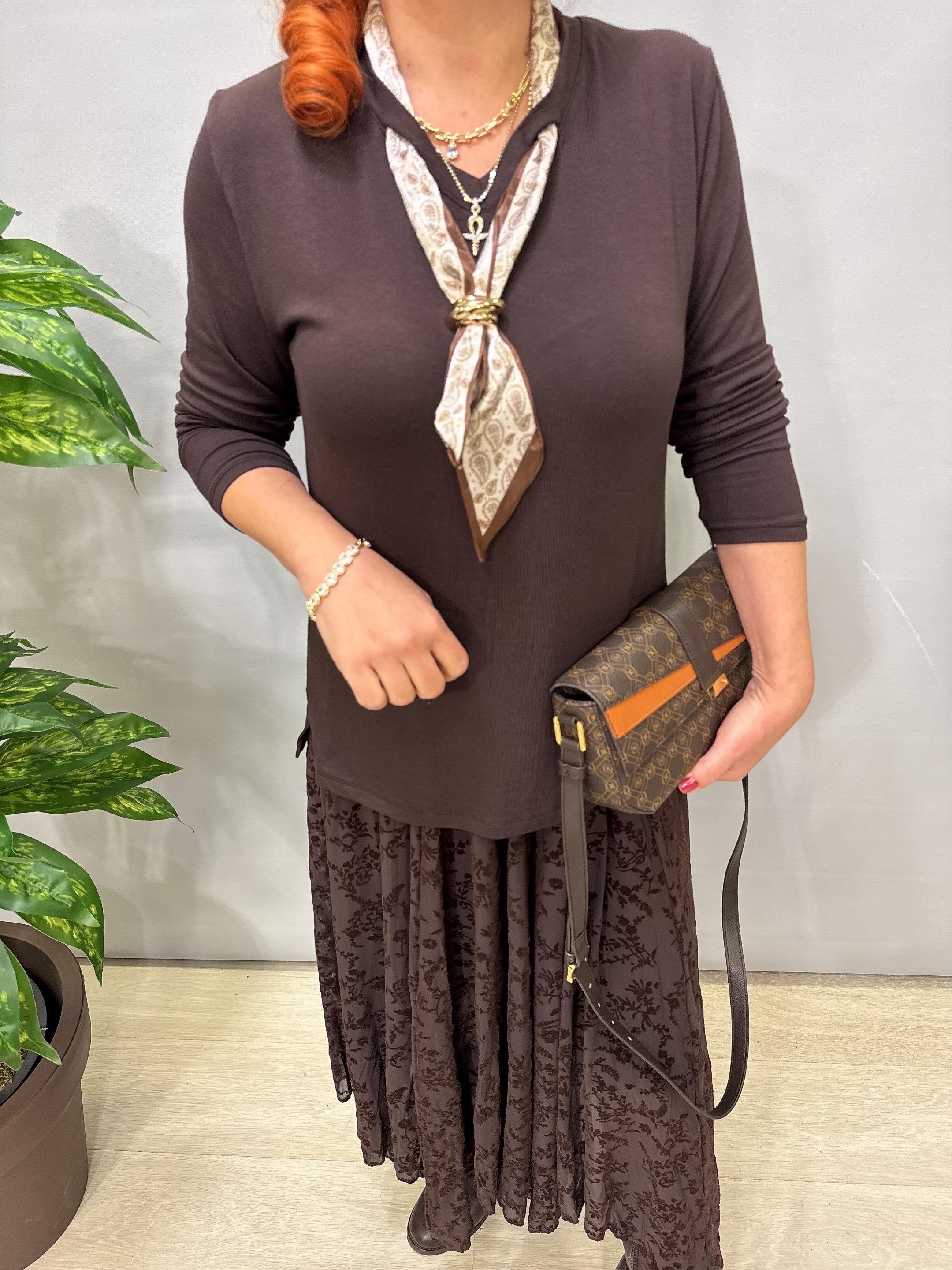 2188 Fularlı Çilek Triko Bluz Acı Kahve 