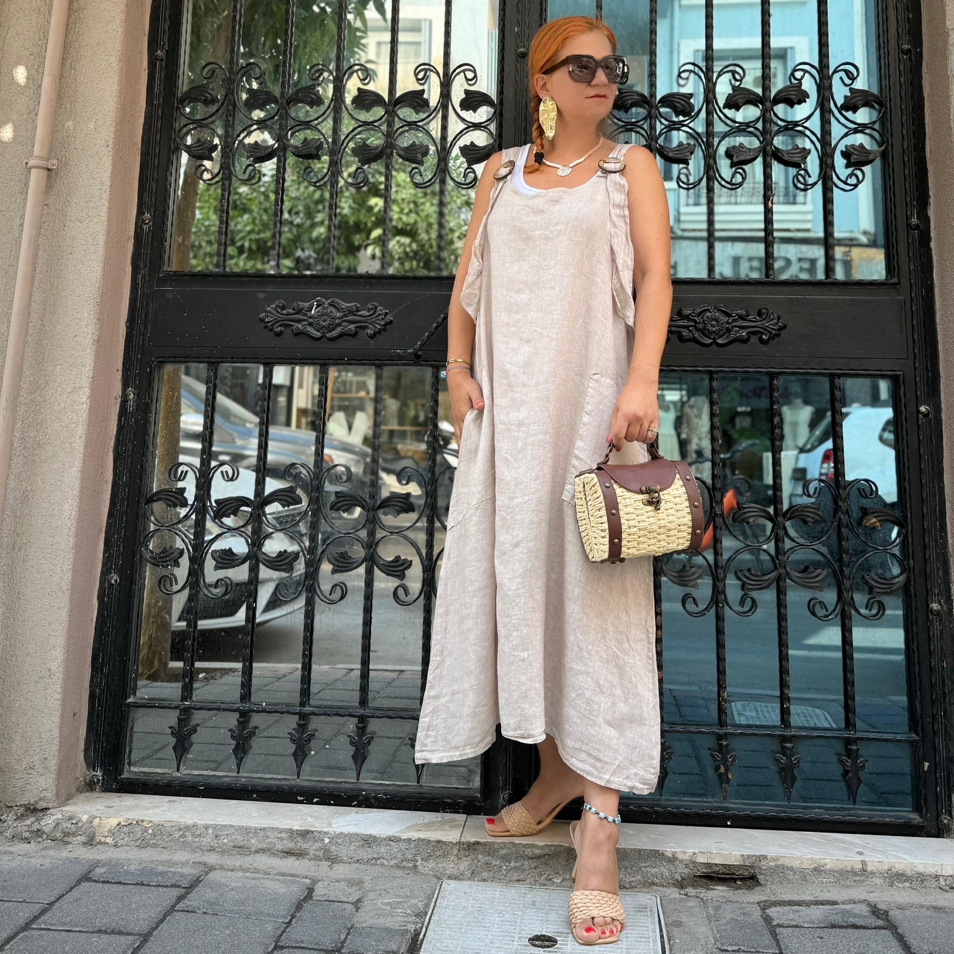 22271 PREMIUM PAMUK KETEN  ASKI DETAY ELBİSE 46 BEDENE KADAR UYUMLUDUR (ASTAR GİYİNİZ) TAŞ boyum 1.64