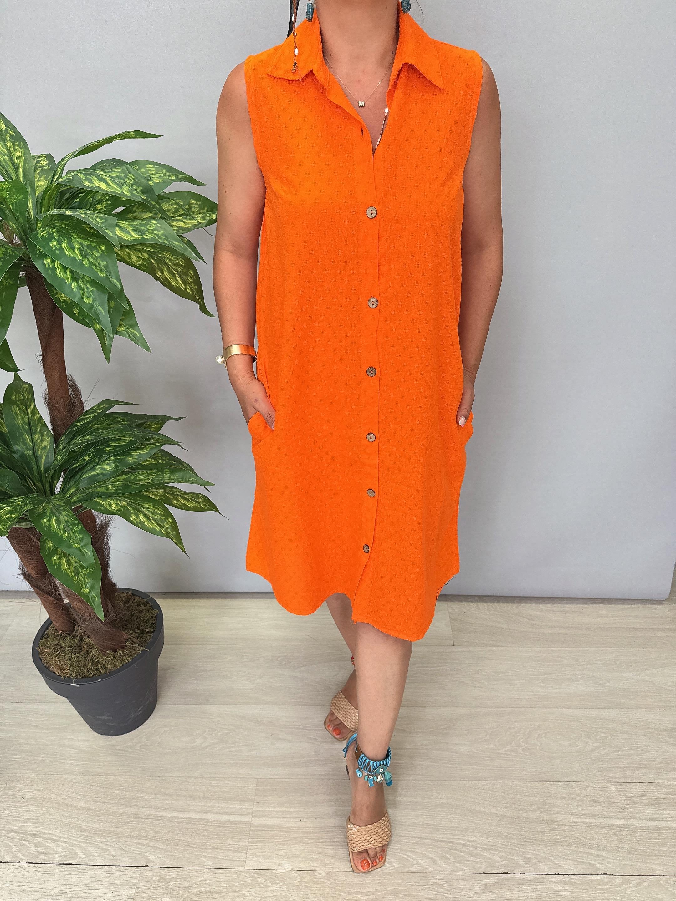 2288 Pamuklu Gömlek Elbise Turuncu