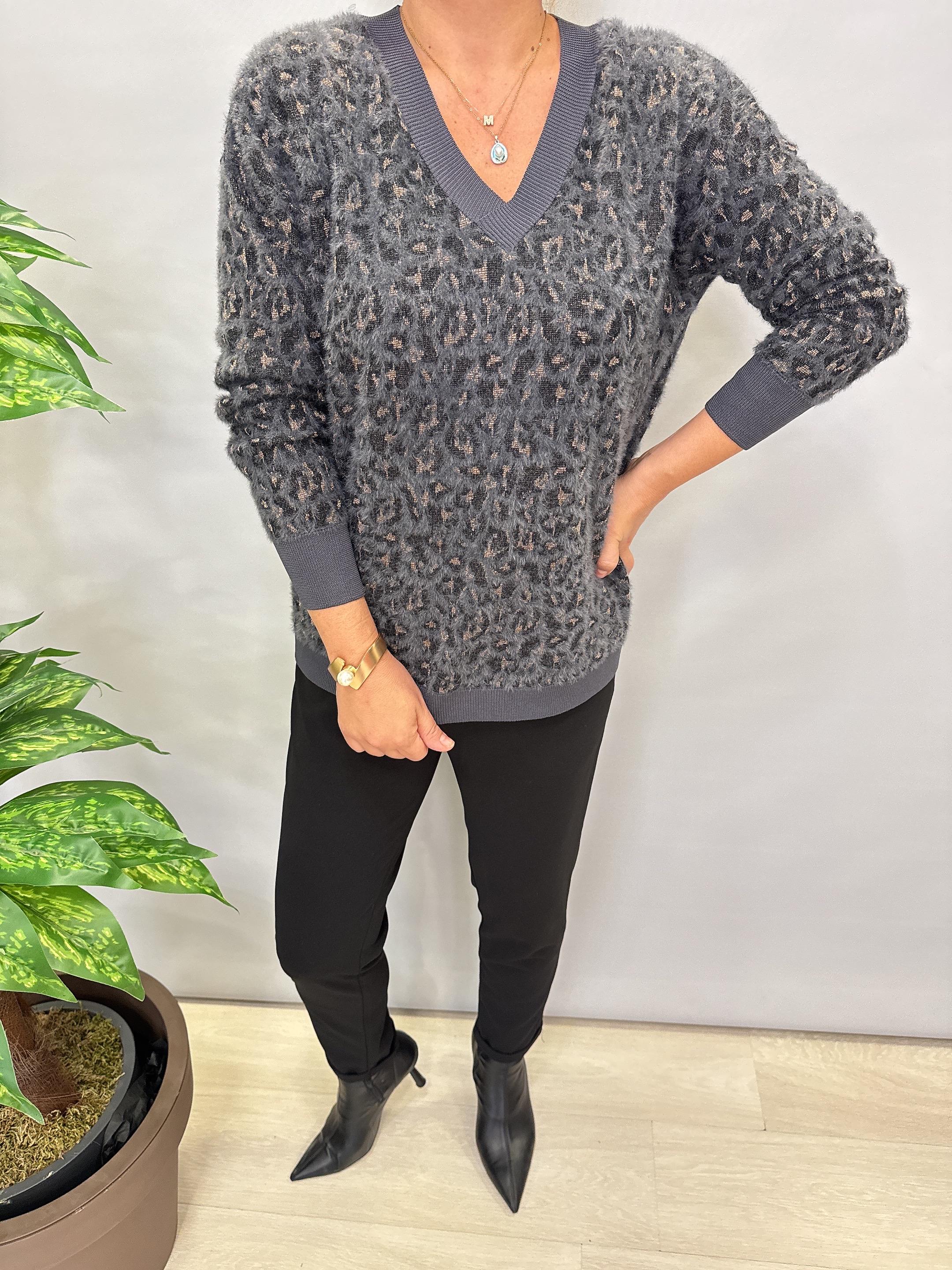 2324 Leopar Desen Triko Kazak Antrasit