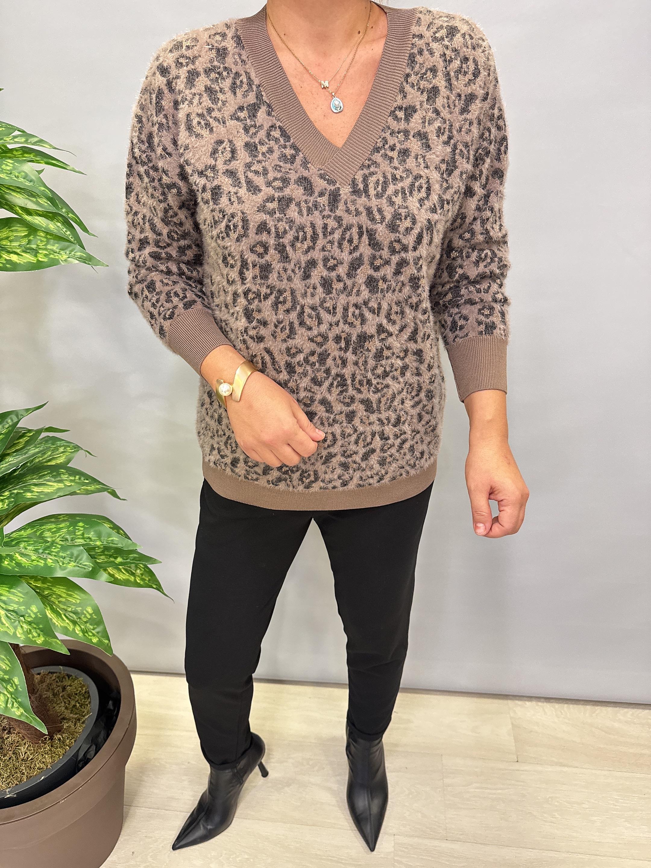 2324 Leopar Desen Triko Kazak Kahve
