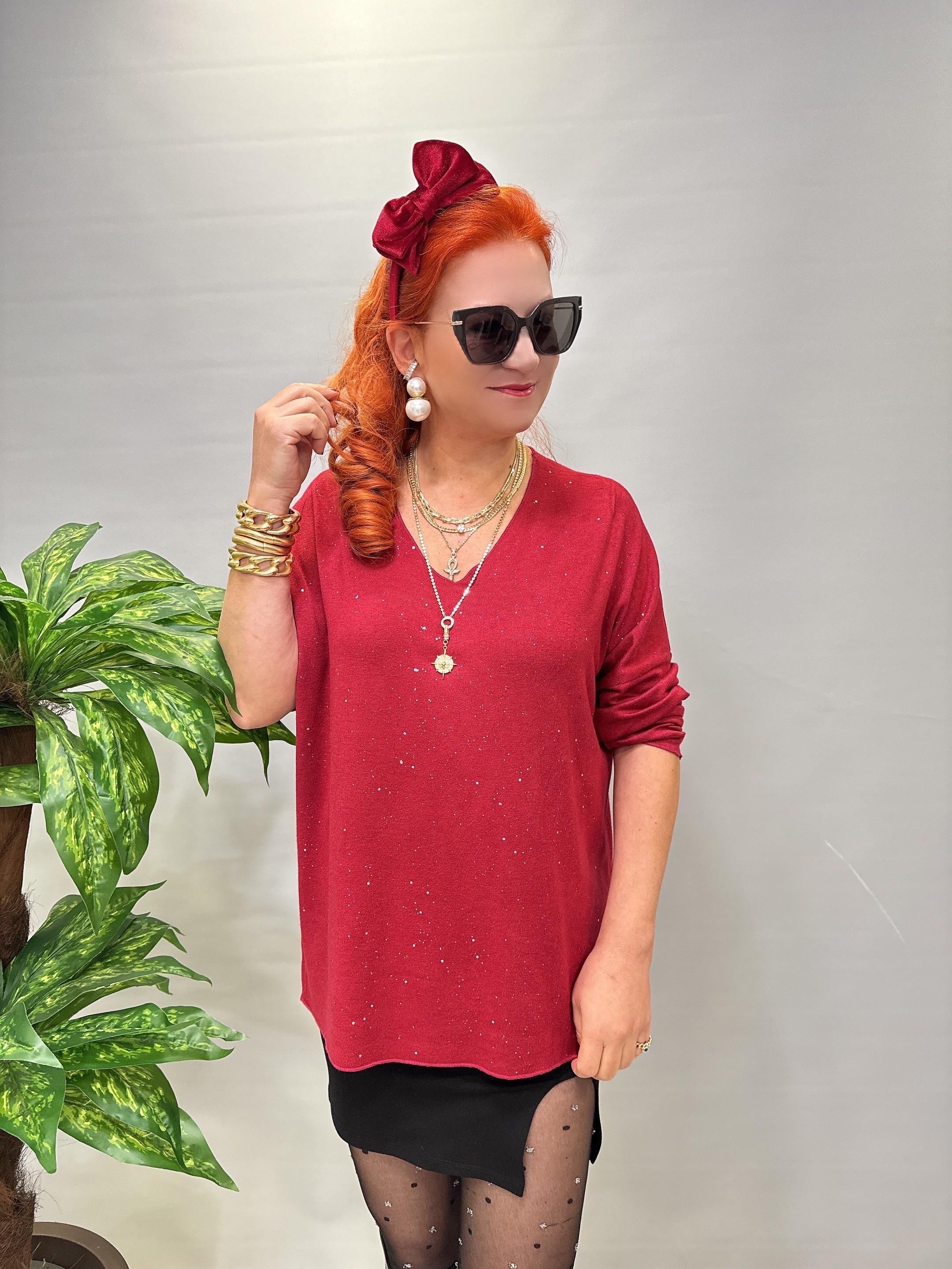 2326 Italyan Sim Detaylı Triko Bluz Bordo