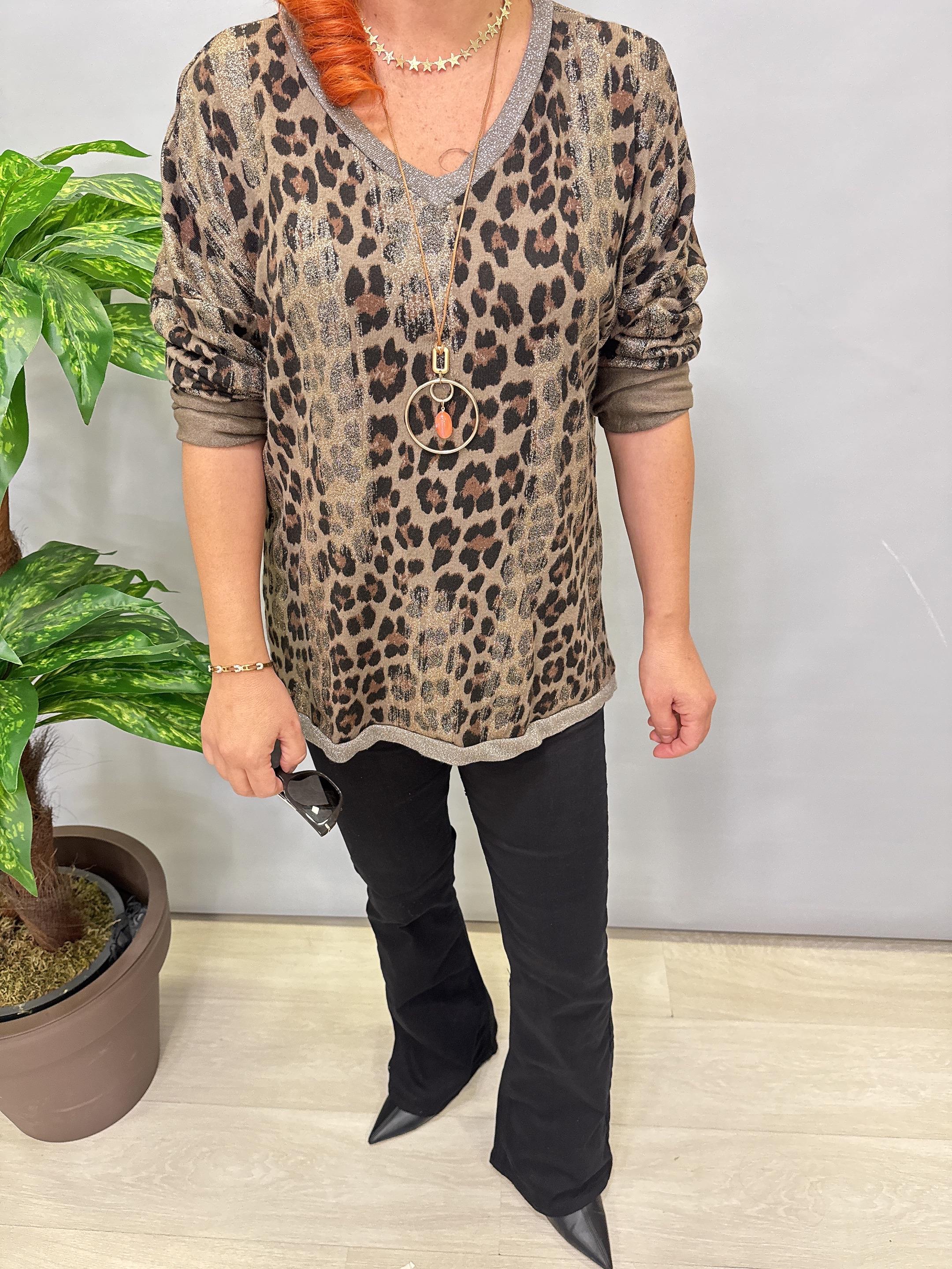 2512 Italyan Leopar Detaylı Triko Bluz Vizon